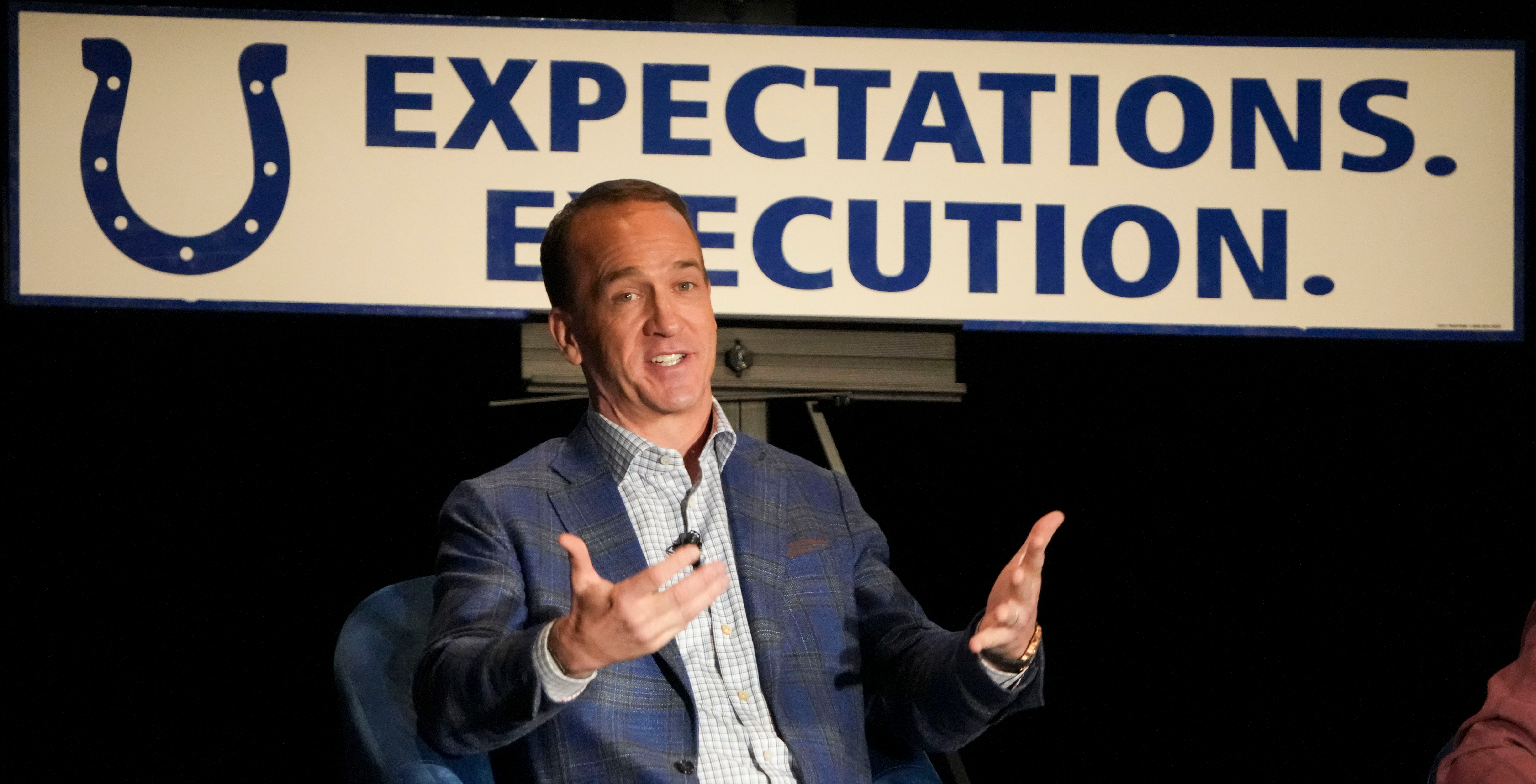 Former Indianapolis Colts quarterback Peyton Manning speaks Monday, Feb. 24, 2025, during the “Night of Champions” at the Murat Theatre at the Old National Centre. The event featured a panel discussion of players and coaches from the Indianapolis Colts team that won Super Bowl XLI.