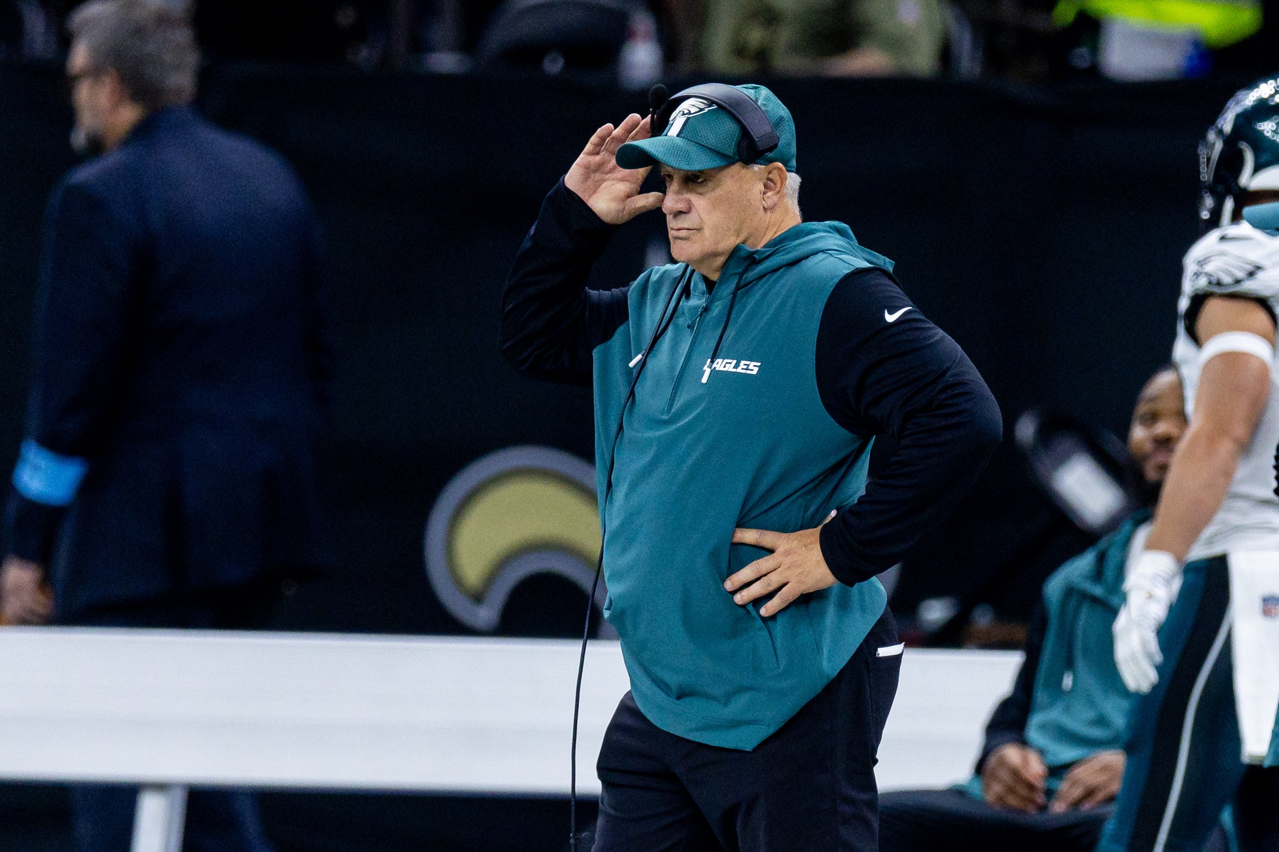 Philadelphia Eagles defensive coordinator Vic Fangio looks on during the first half against the New Orleans Saints at Caesars Superdome.