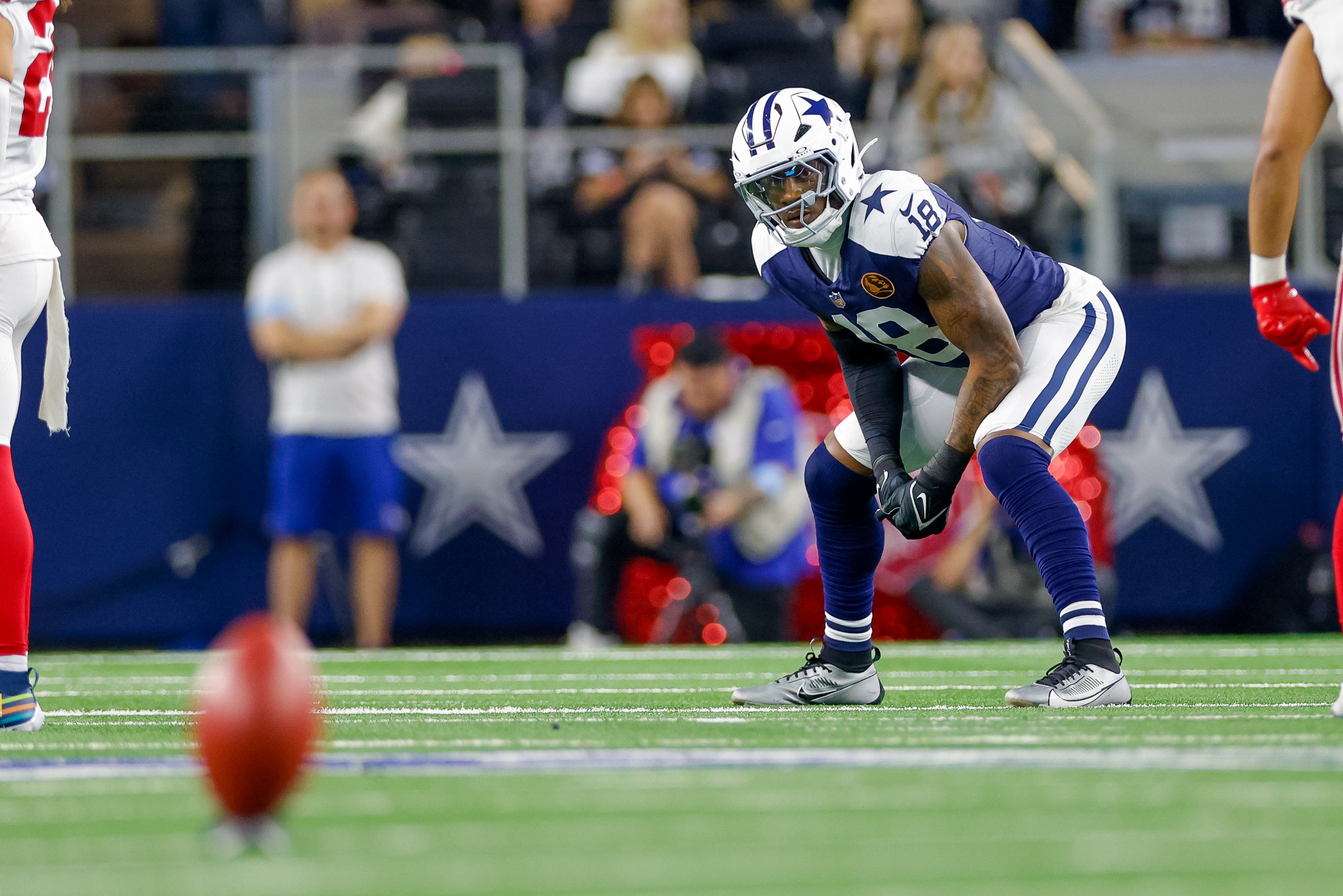 Dallas Cowboys linebacker Damone Clark (18) awaits a kick during the second quarter against the New York Giants at AT&T Stadium.