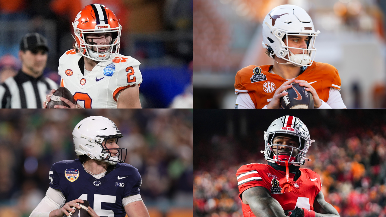 Cade Klubnik (QB, Clemson), Arch Manning (QB, Texas), Drew Allar (QB, Penn State), and Jeremiah Smith (WR, Ohio State) pictured during the 2024 College Football season.