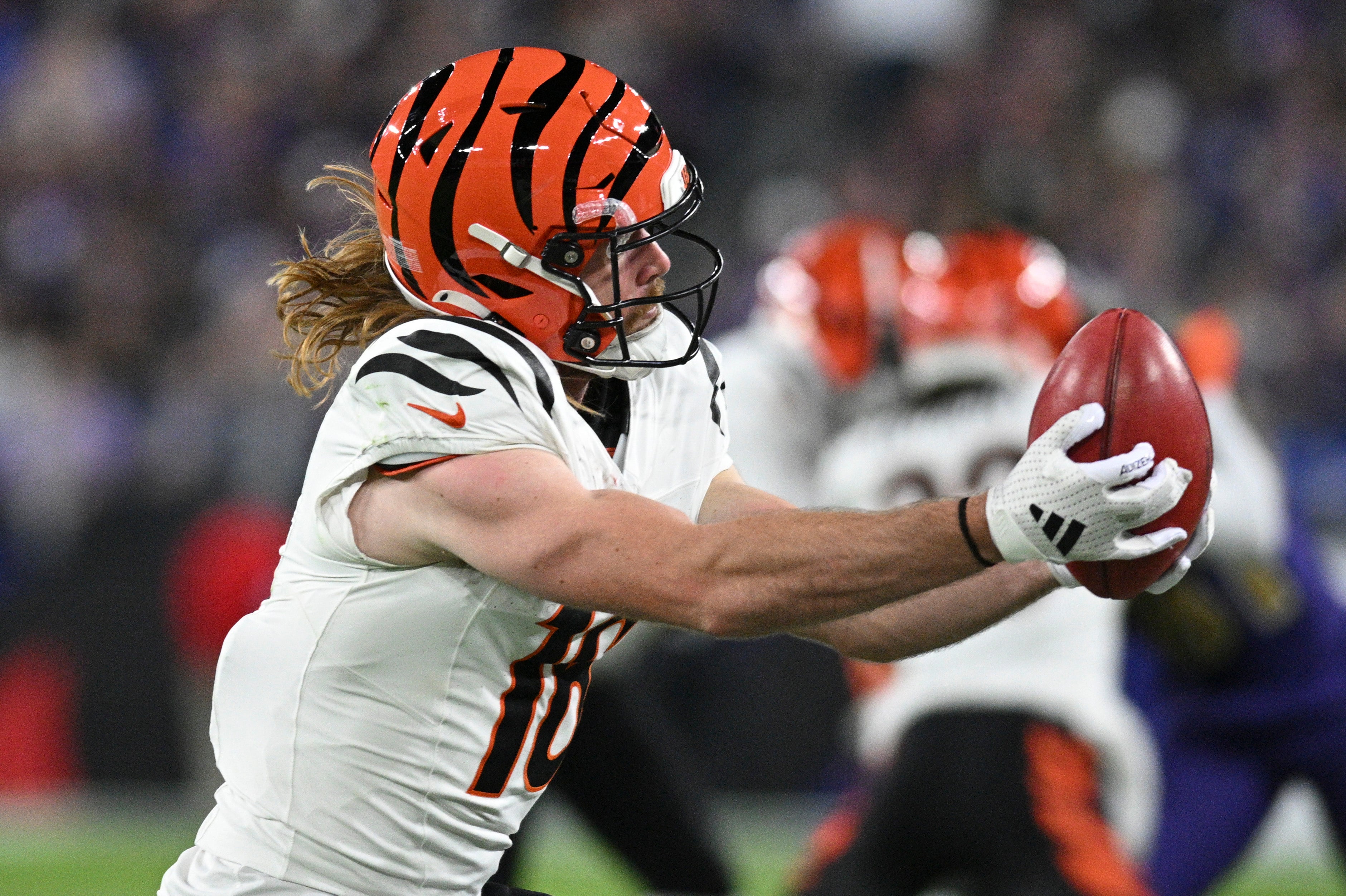 Nov 7, 2024; Baltimore, Maryland, USA;Cincinnati Bengals wide receiver Trenton Irwin (16) secures a punt during the first half against the Baltimore Ravens at M&T Bank Stadium.