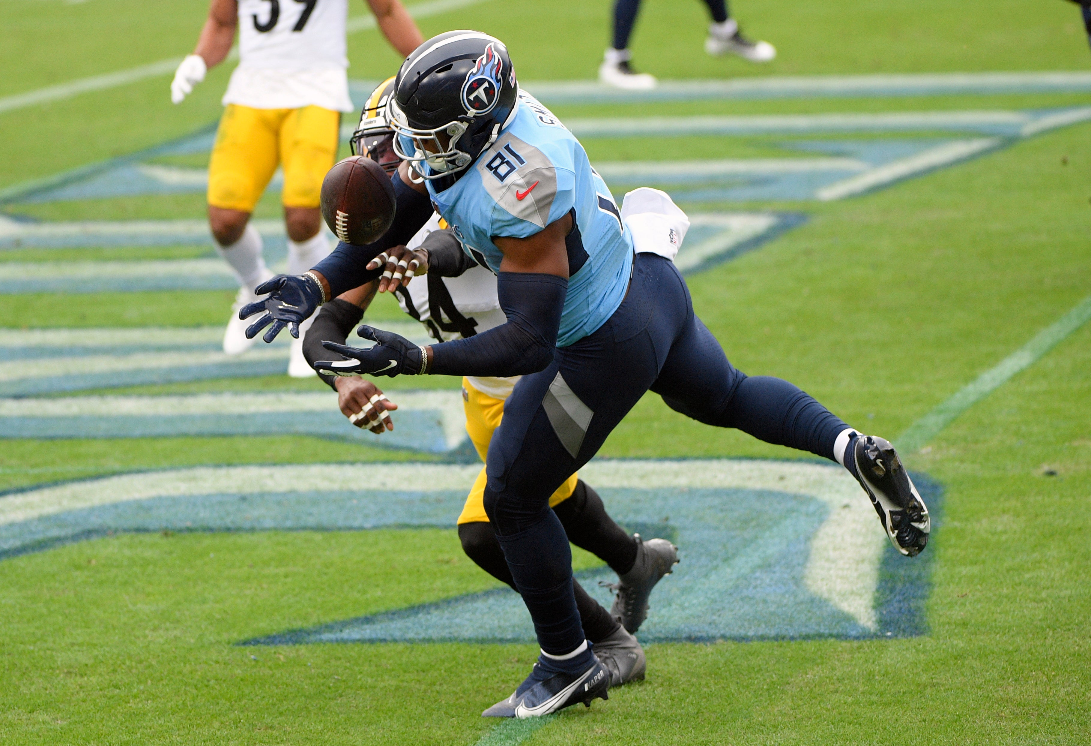 Oct 25, 2020; Nashville, Tennessee, USA; Pittsburgh Steelers strong safety Terrell Edmunds (34) breaks up the pass thrown to Tennessee Titans tight end Jonnu Smith (81) during the second half at Nissan Stadium.