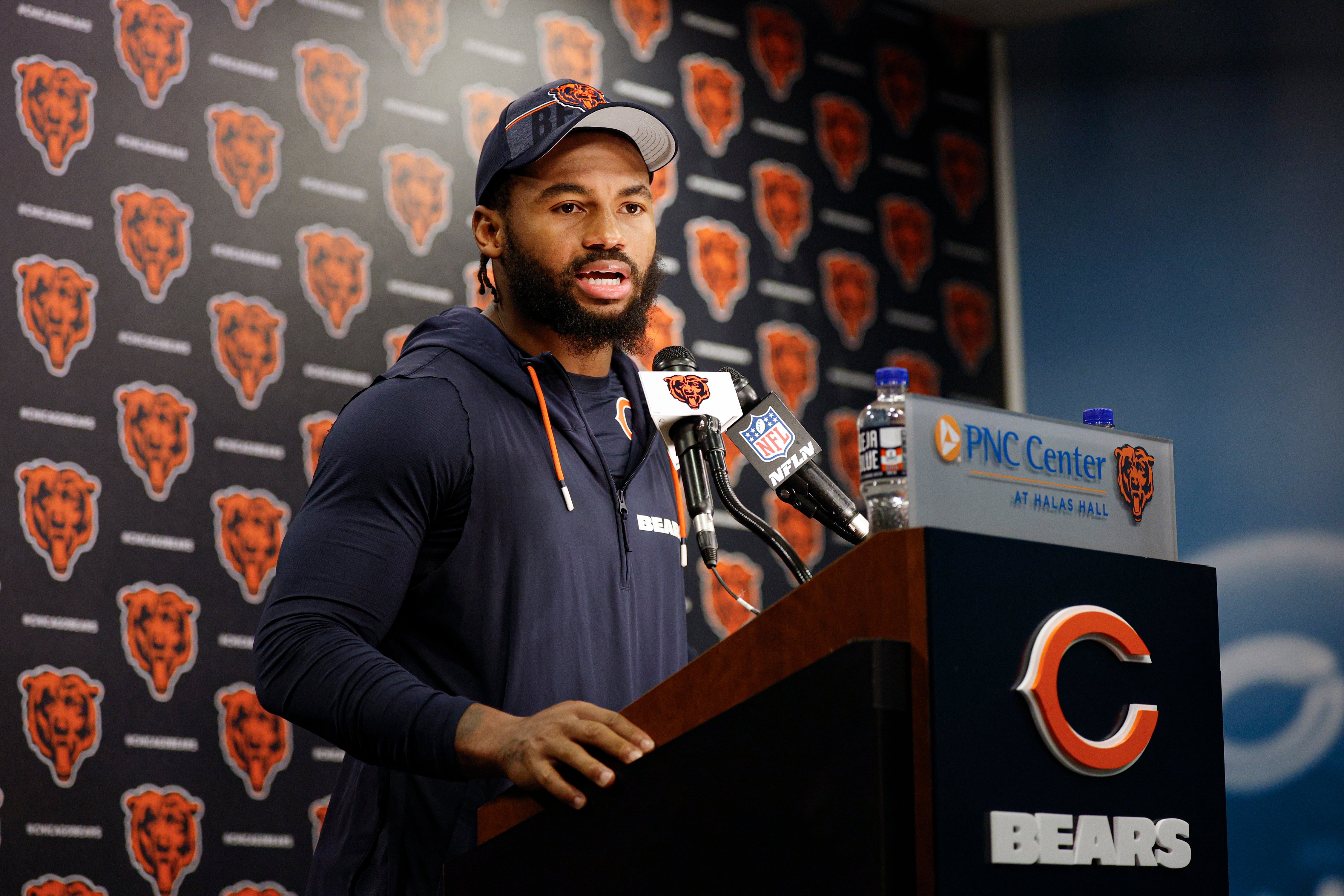 Jun 3, 2025; Lake Forest, IL, USA; Chicago Bears running back D'Andre Swift (4) speaks during minicamp at Halas Hall.