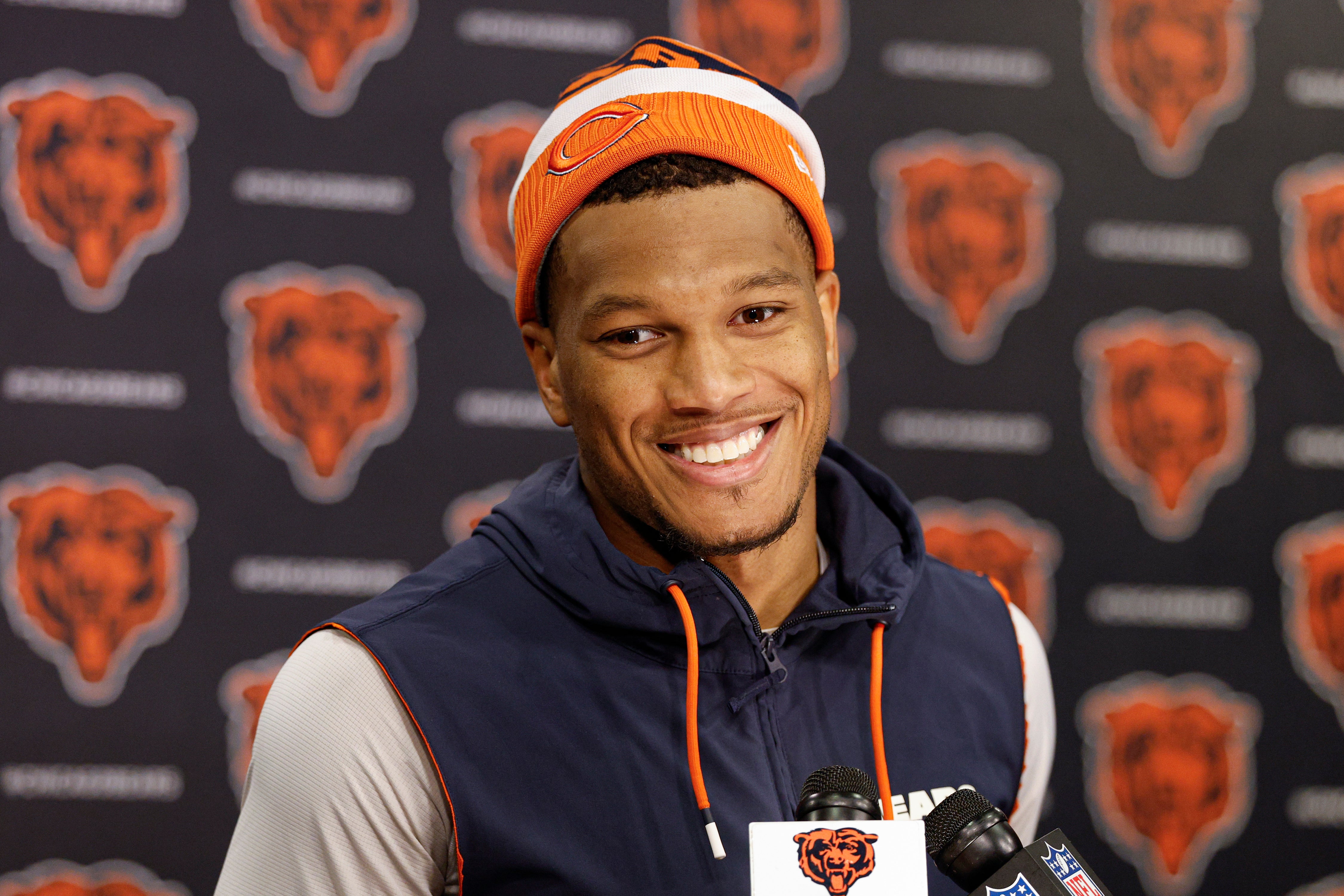 Jun 3, 2025; Lake Forest, IL, USA; Chicago Bears wide receiver DJ Moore (2) speaks during minicamp at Halas Hall.