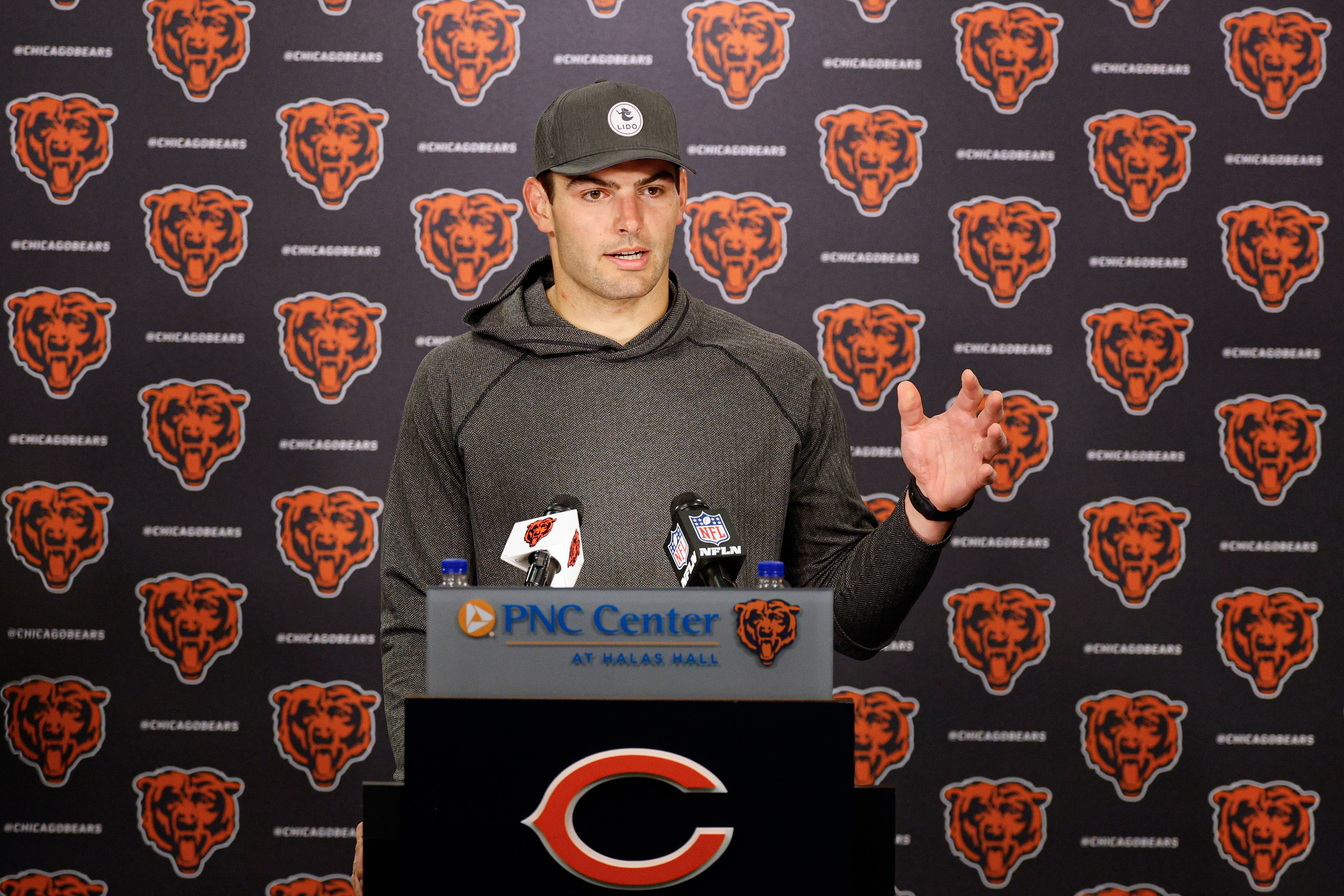 Jun 3, 2025; Lake Forest, IL, USA; Chicago Bears tight end Cole Kmet (85) speaks during minicamp at Halas Hall.