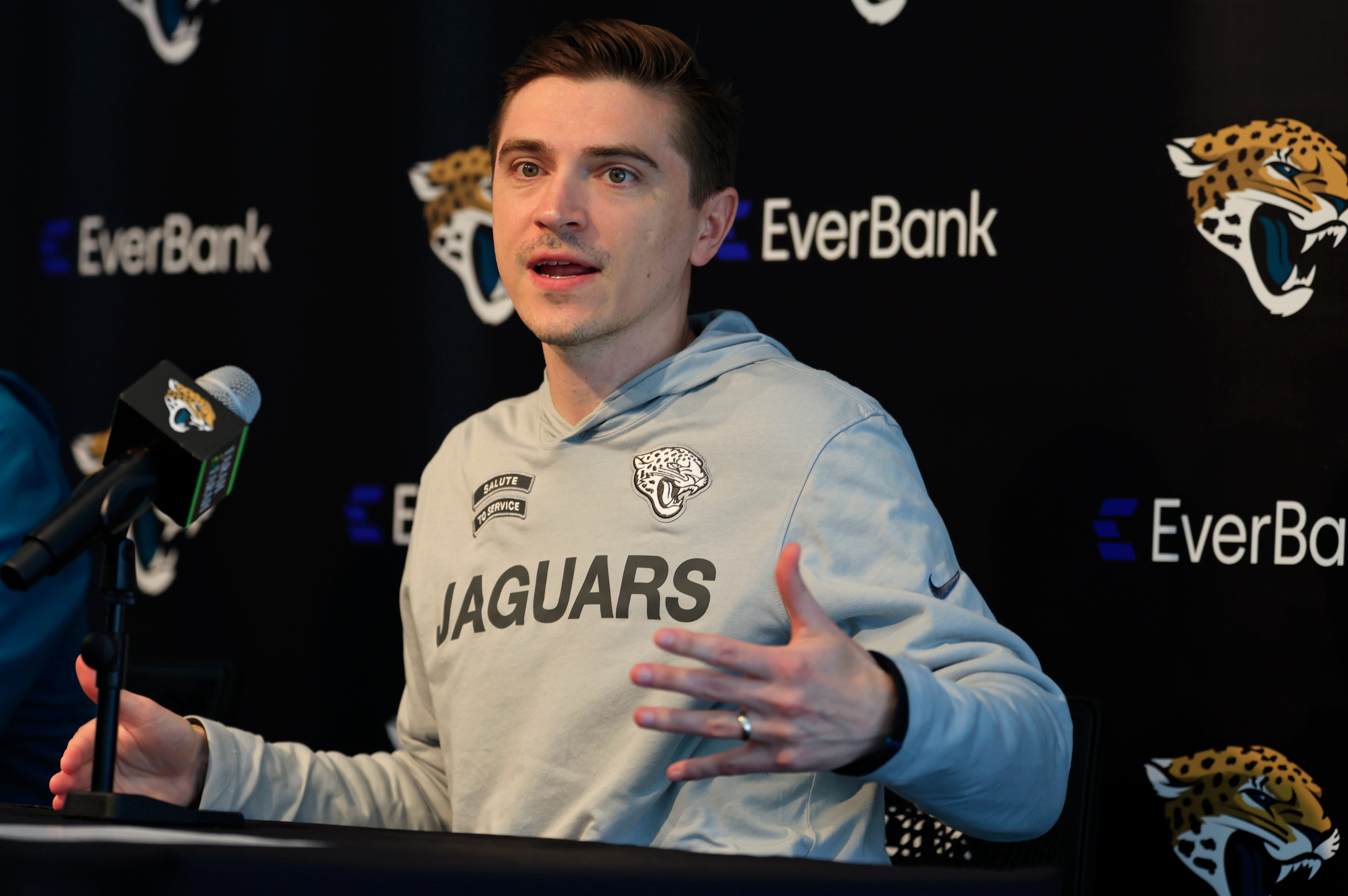 Jacksonville Jaguars general manager James Gladstone speaks during a press conference at Miller Electric Center Tuesday, April 15, 2025 in Jacksonville, Fla.