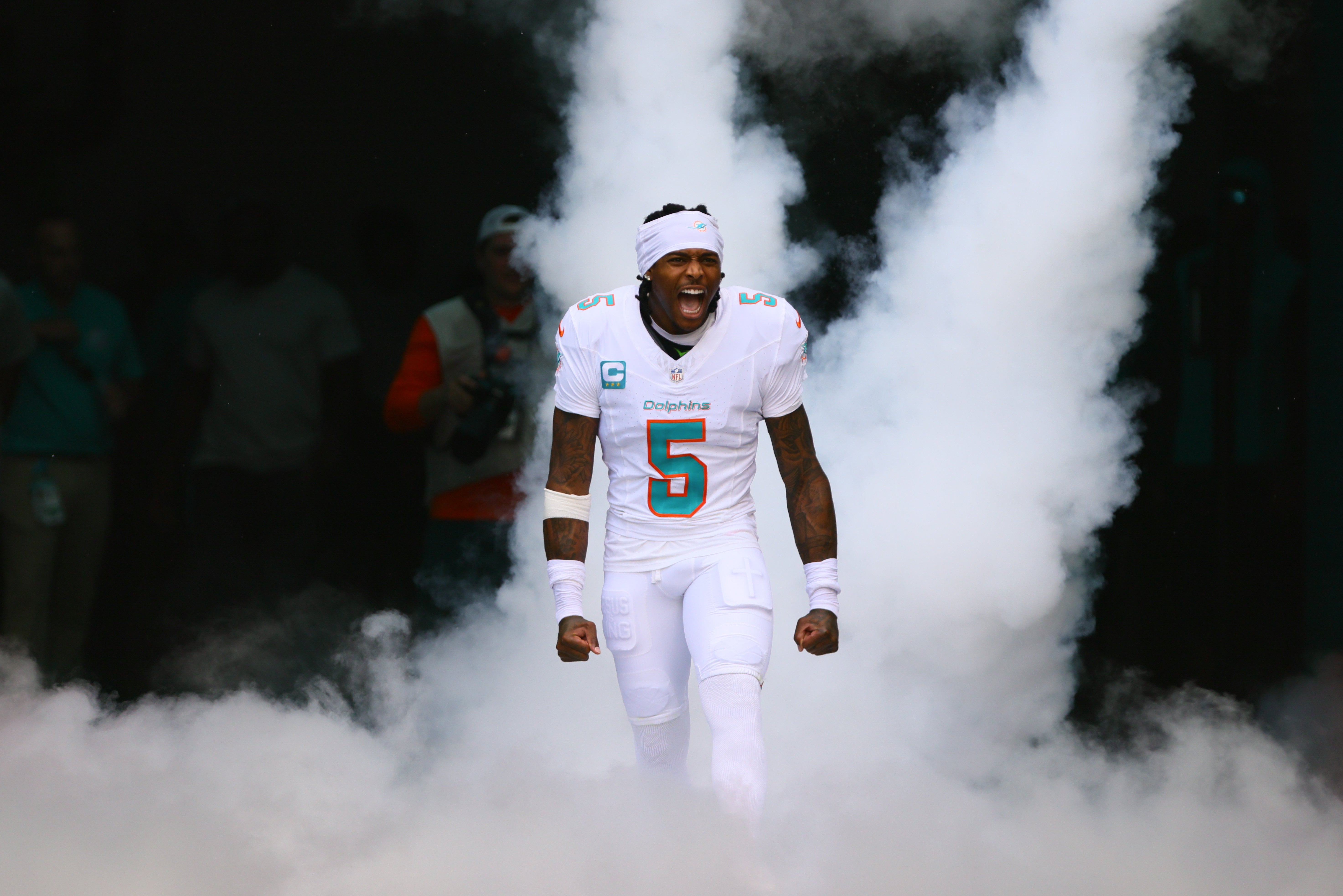Sep 8, 2024; Miami Gardens, Florida, USA; Miami Dolphins cornerback Jalen Ramsey (5) runs onto the field before the game against the Jacksonville Jaguars at Hard Rock Stadium.