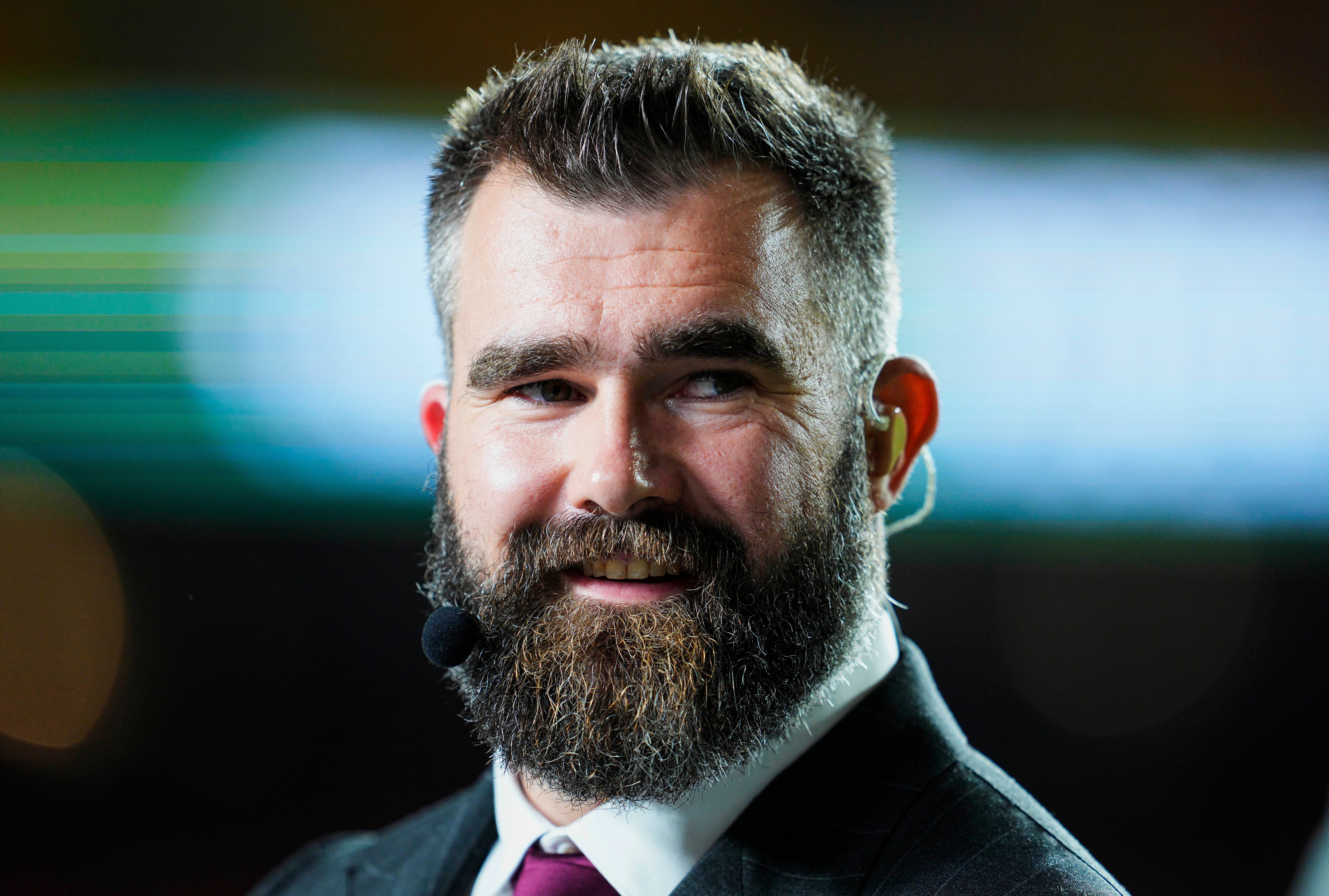 Nov 4, 2024; Kansas City, Missouri, USA; Broadcaster Jason Kelce prior to a game between the Tampa Bay Buccaneers and the Kansas City Chiefs at GEHA Field at Arrowhead Stadium.