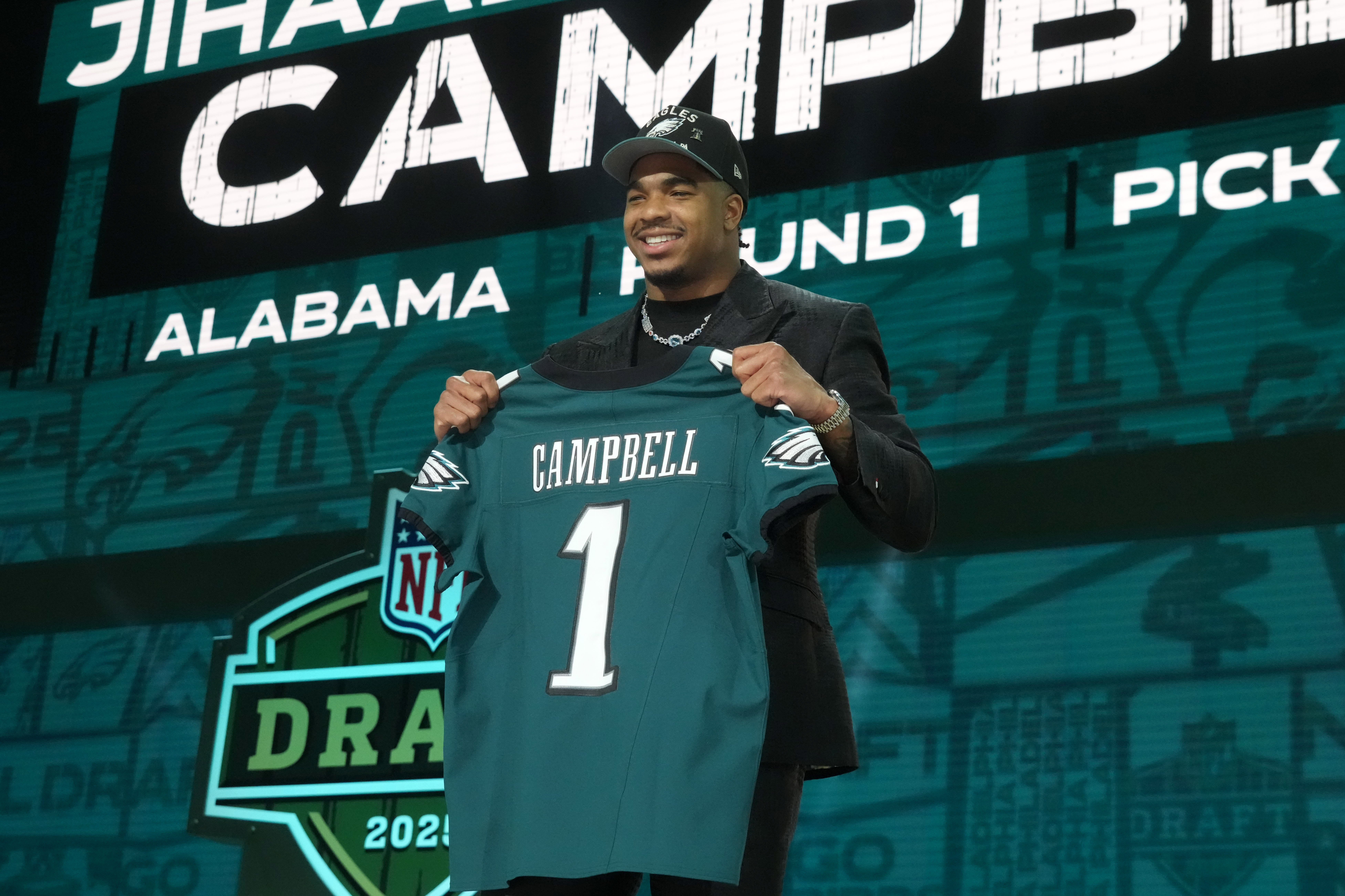 Alabama Crimson Tide linebacker Jihaad Campbell is selected by the Philadelphia Eagles as the number 31 pick in the first round of the 2025 NFL Draft at Lambeau Field.