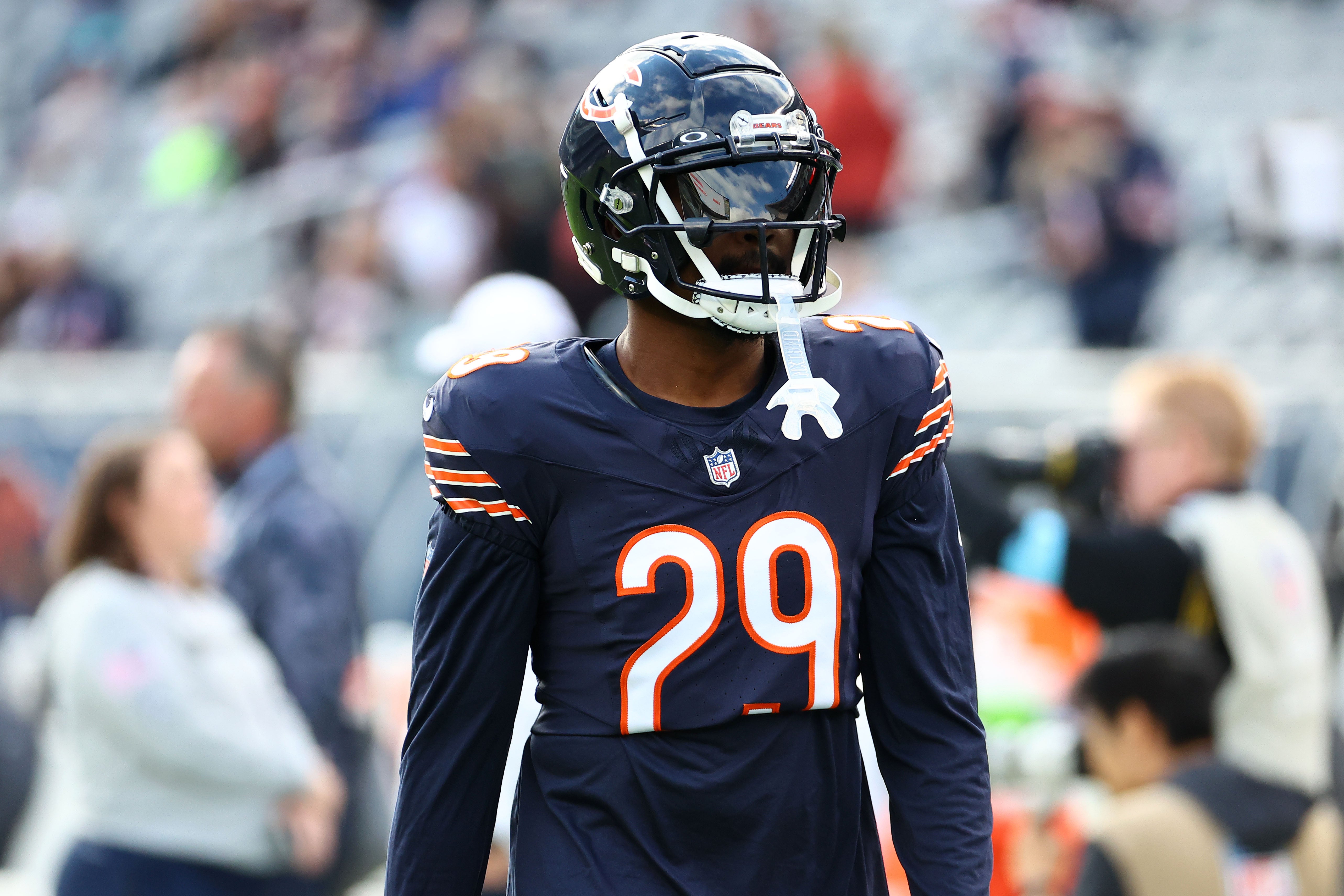 Nov 10, 2024; Chicago, Illinois, USA;Chicago Bears cornerback Tyrique Stevenson (29) practices before the game against the New England Patriots at Soldier Field.