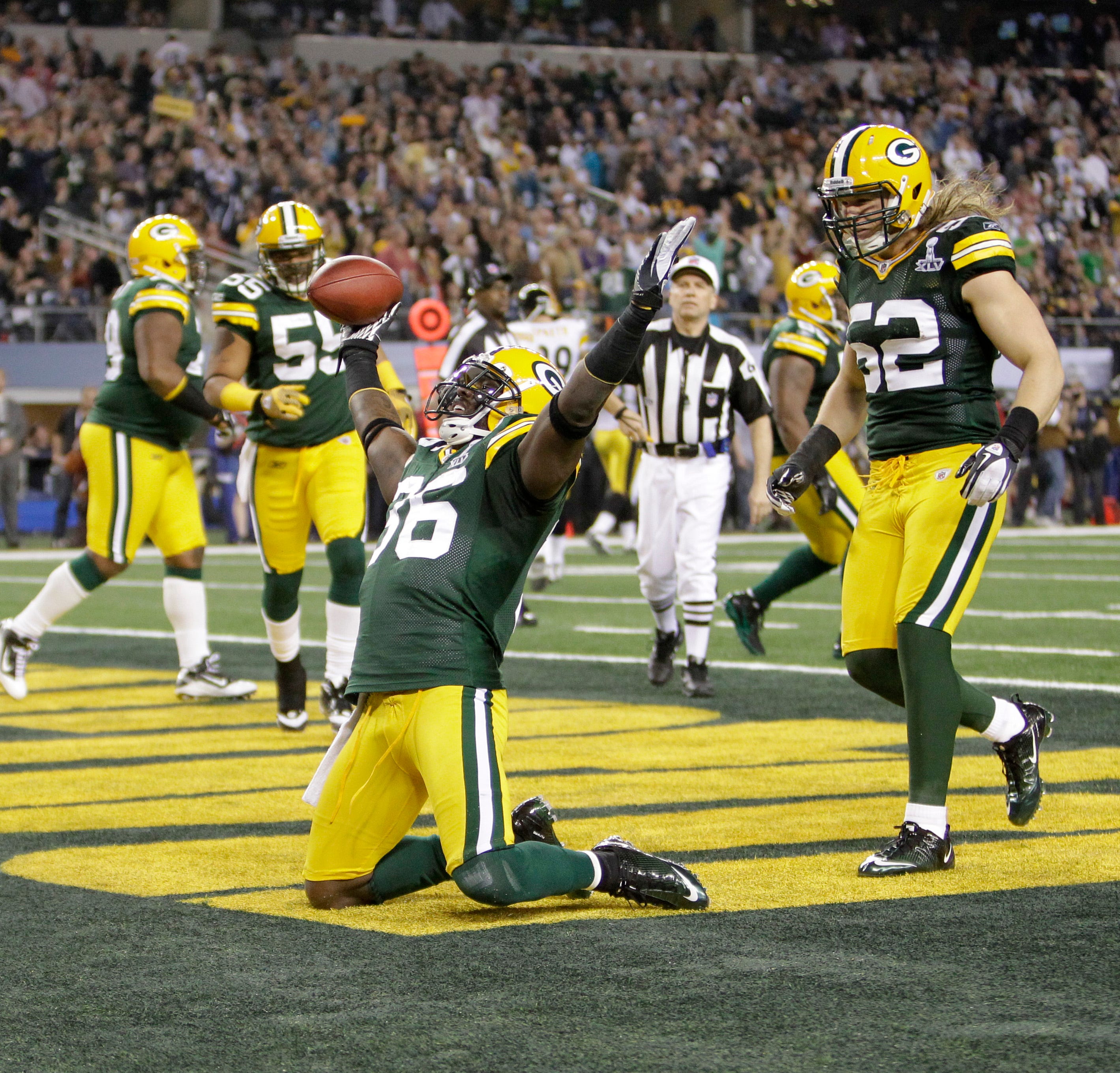 Green Bay Packers safety Nick Collins (36) celebrates his touchdown on an interception return against the Pittsburgh Steelers in Super Bowl XLV in Arlington, Texas Sunday February 6, 2011.
