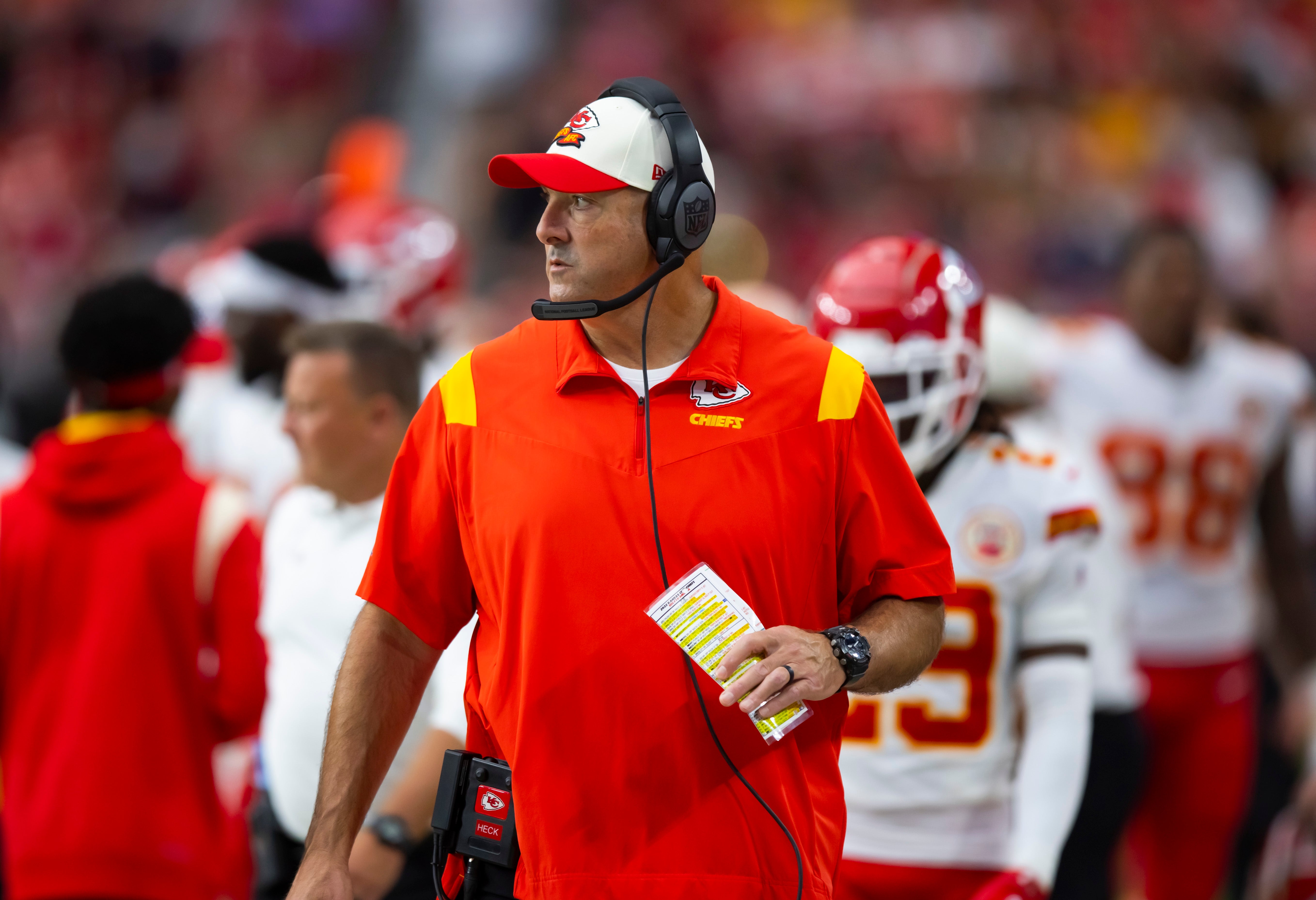 Sep 11, 2022; Glendale, Arizona, USA; Kansas City Chiefs offensive line coach Andy Heck against the Arizona Cardinals at State Farm Stadium.