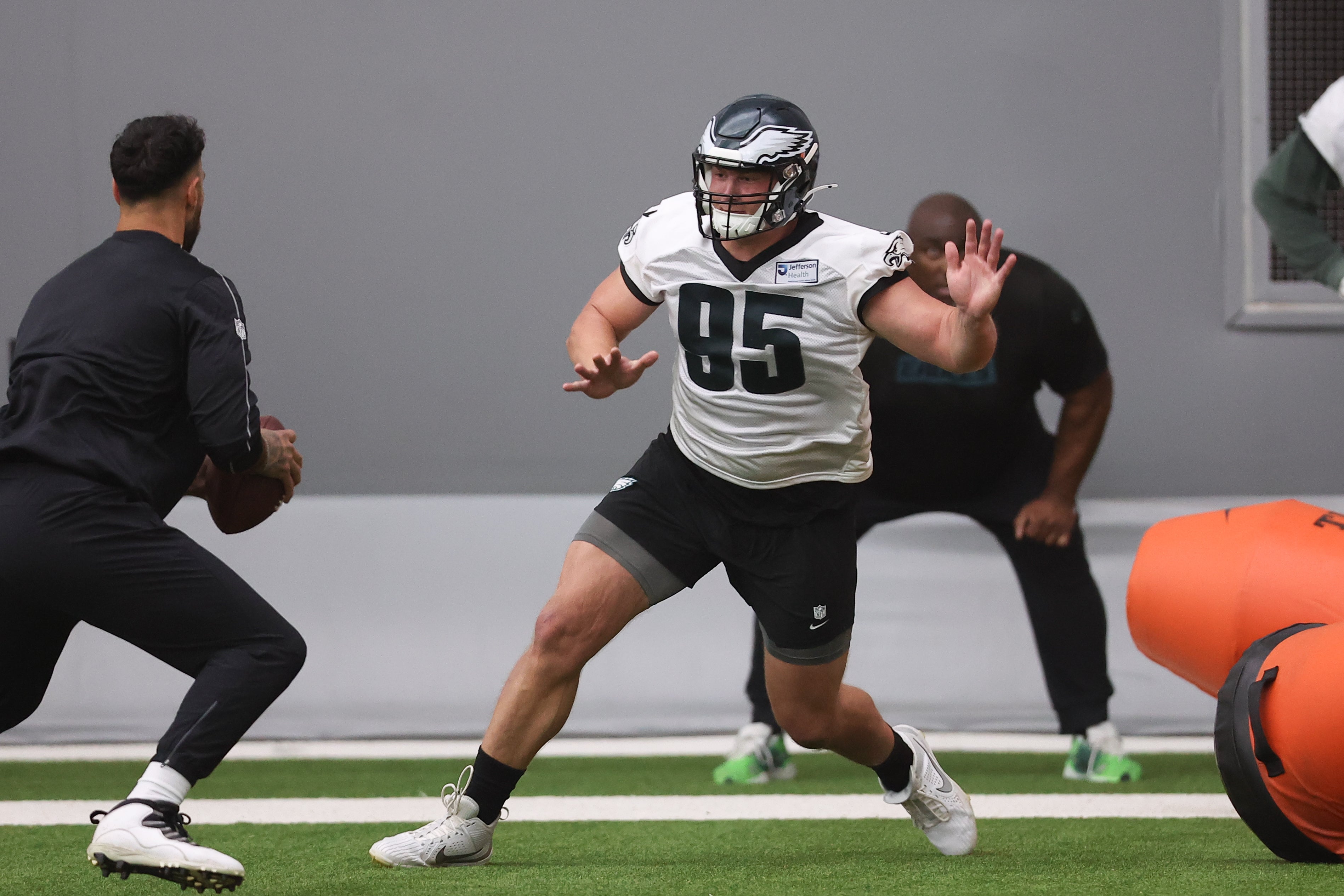 Philadelphia Eagles defensive tackle Ty Robinson (95) runs a drill during OTAs at NovaCare Complex.