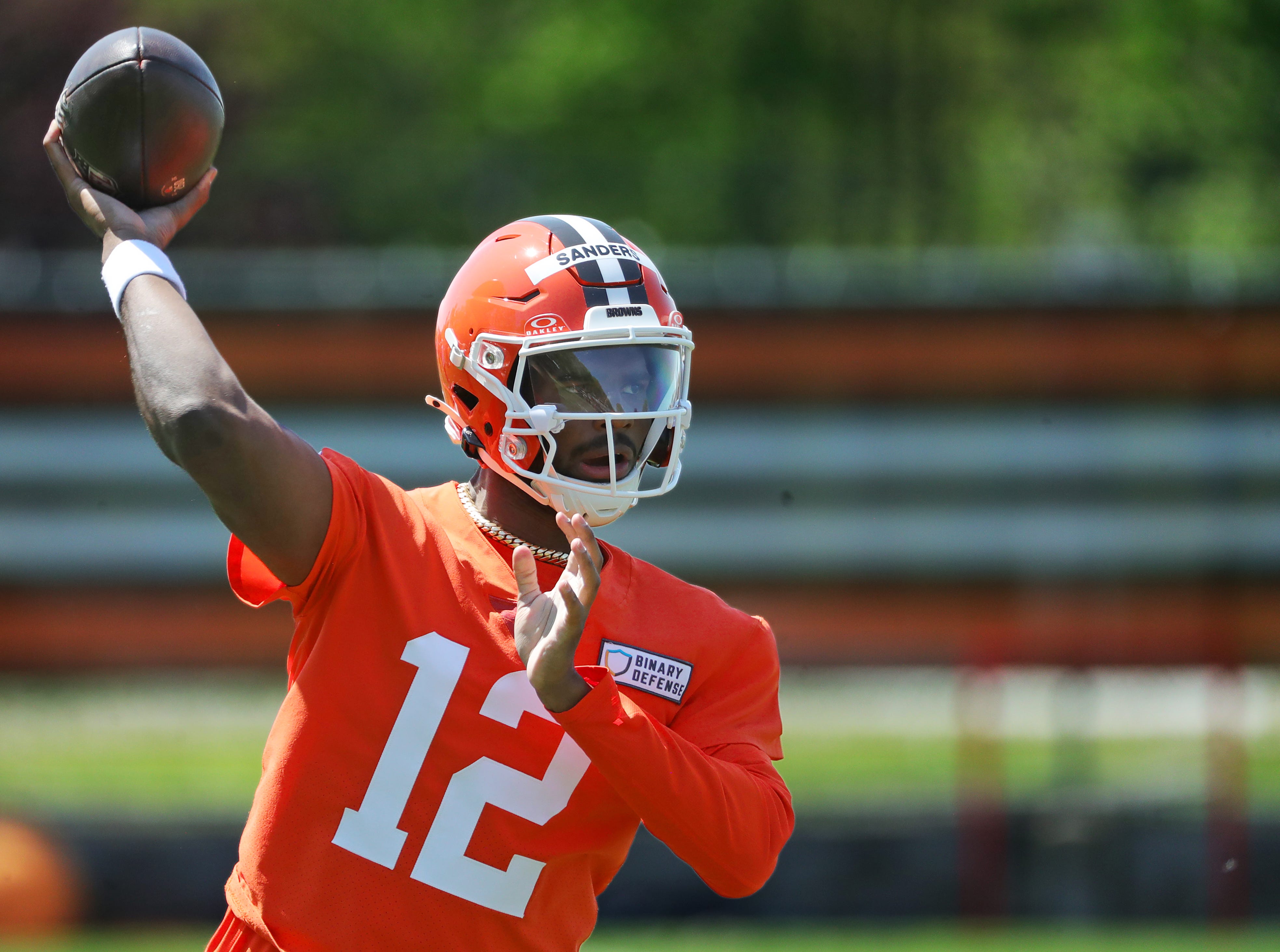 Cleveland Browns quarterback Shedeur Sanders (12) throws during day two of NFL rookie minicamp at the Cleveland Browns training facility on Saturday, May 10, 2025, in Berea, Ohio.