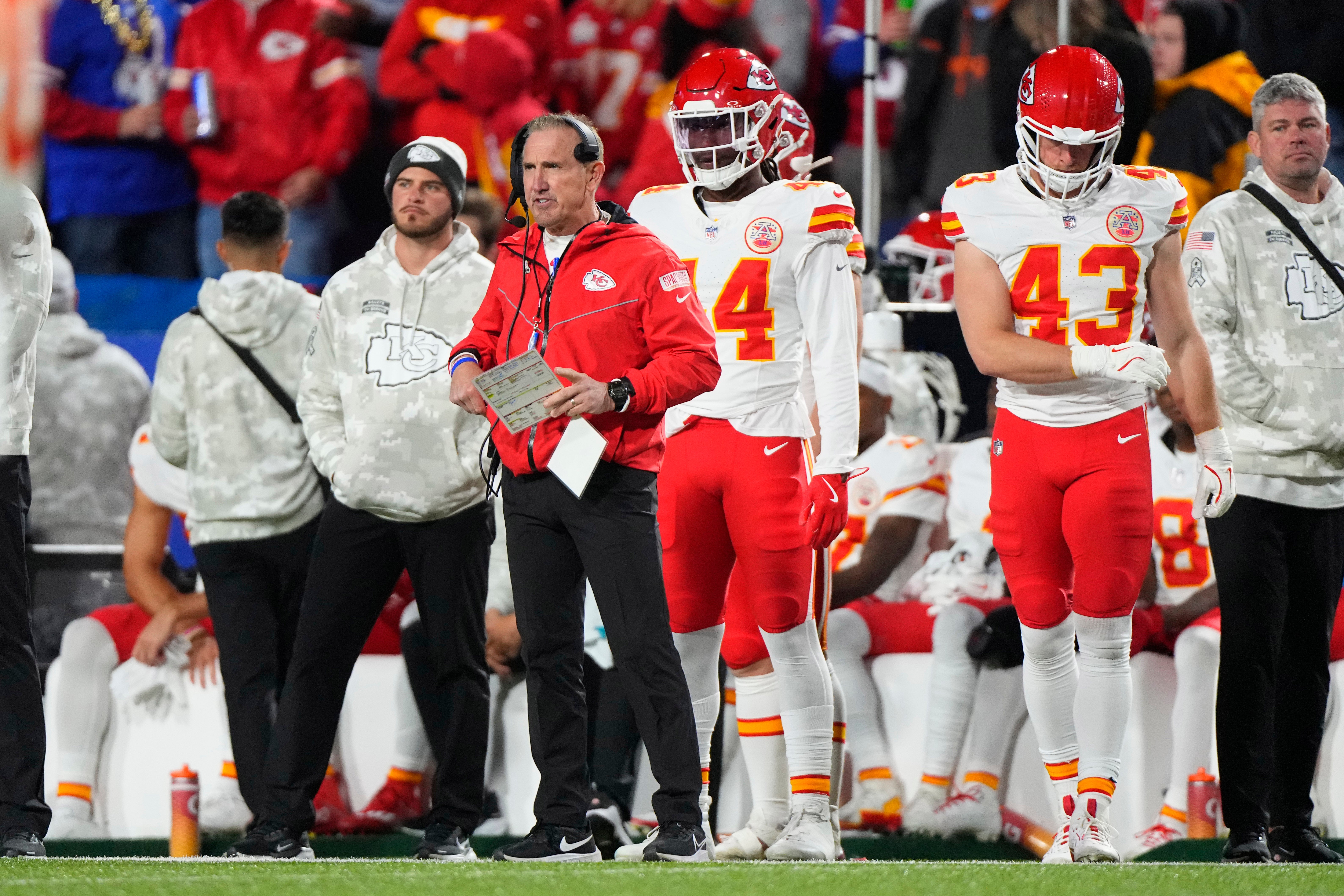 Nov 17, 2024; Orchard Park, New York, USA; Kansas City Chiefs defensive coordinator Steve Spagnuolo looks on from the sideline during the first half against the Buffalo Bills at Highmark Stadium.