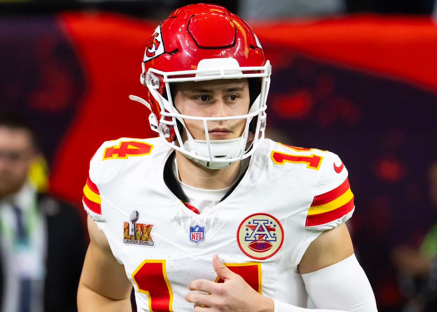 Feb 9, 2025; New Orleans, LA, USA; Kansas City Chiefs punter Matt Araiza (14) against the Philadelphia Eagles in Super Bowl LIX at Ceasars Superdome.