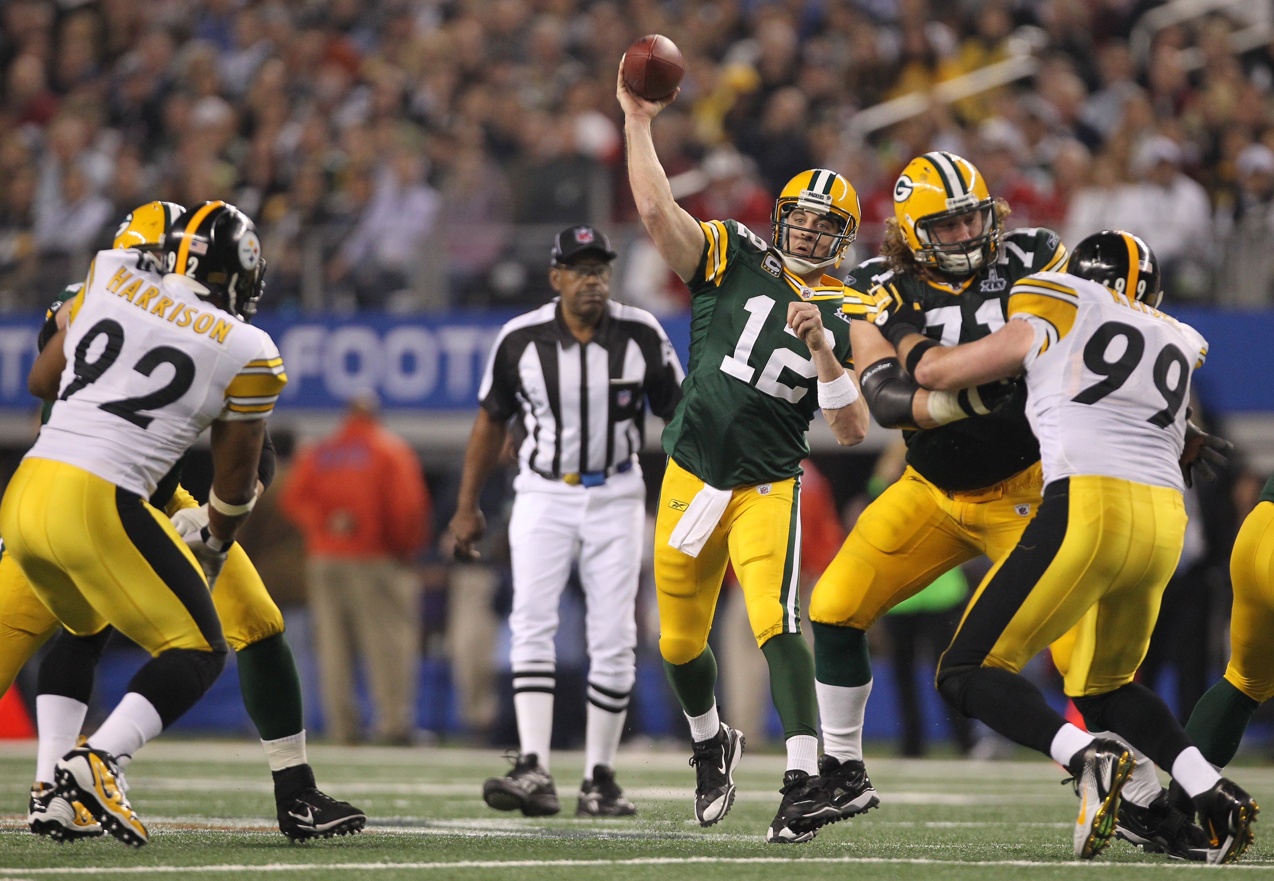 Green Bay Packers quarterback Aaron Rodgers (12) in action against the Pittsburgh Steelers during the second half of Super Bowl XLV at Cowboys Stadium.