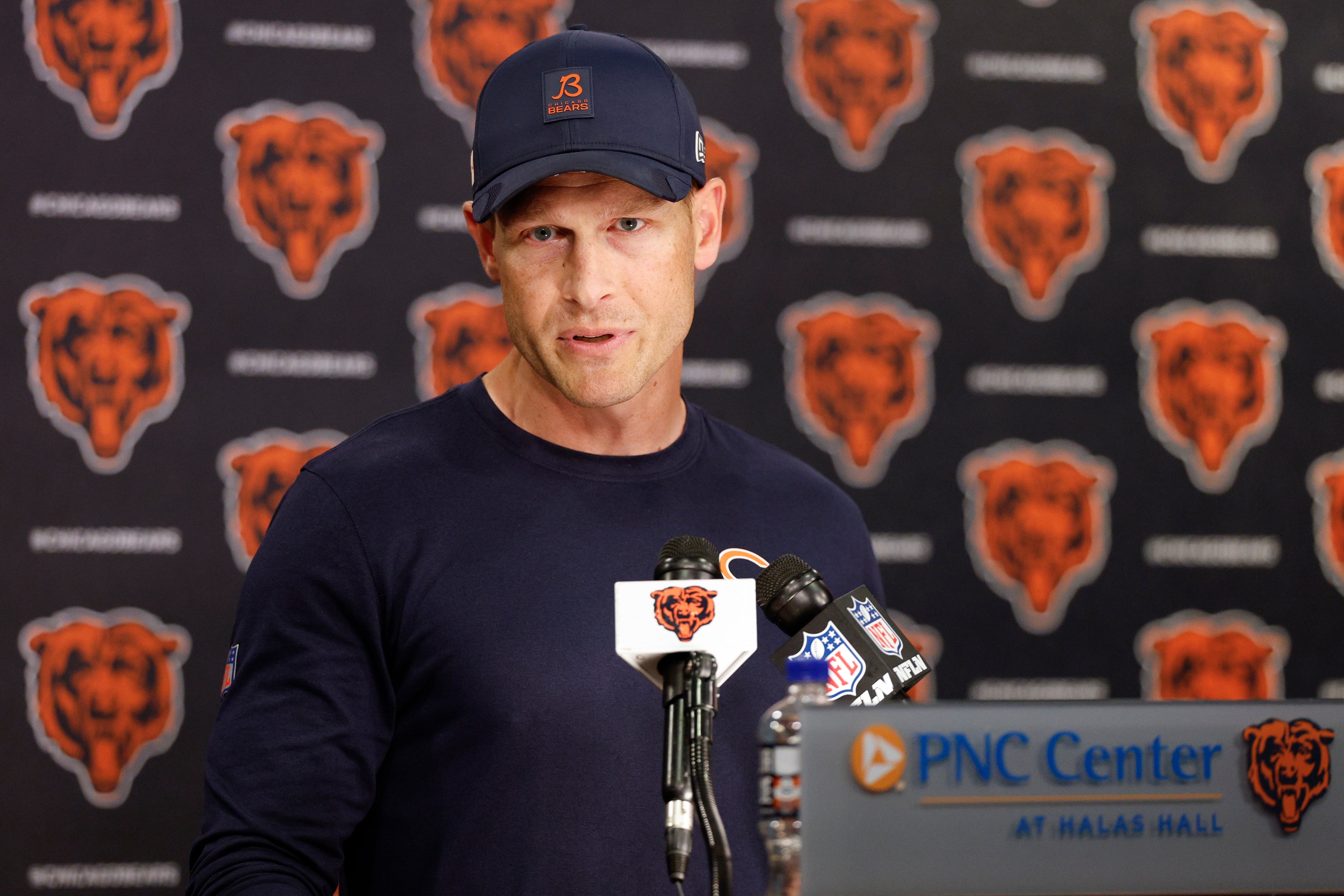 Jun 3, 2025; Lake Forest, IL, USA; Chicago Bears head coach Ben Johnson speaks during minicamp at Halas Hall.