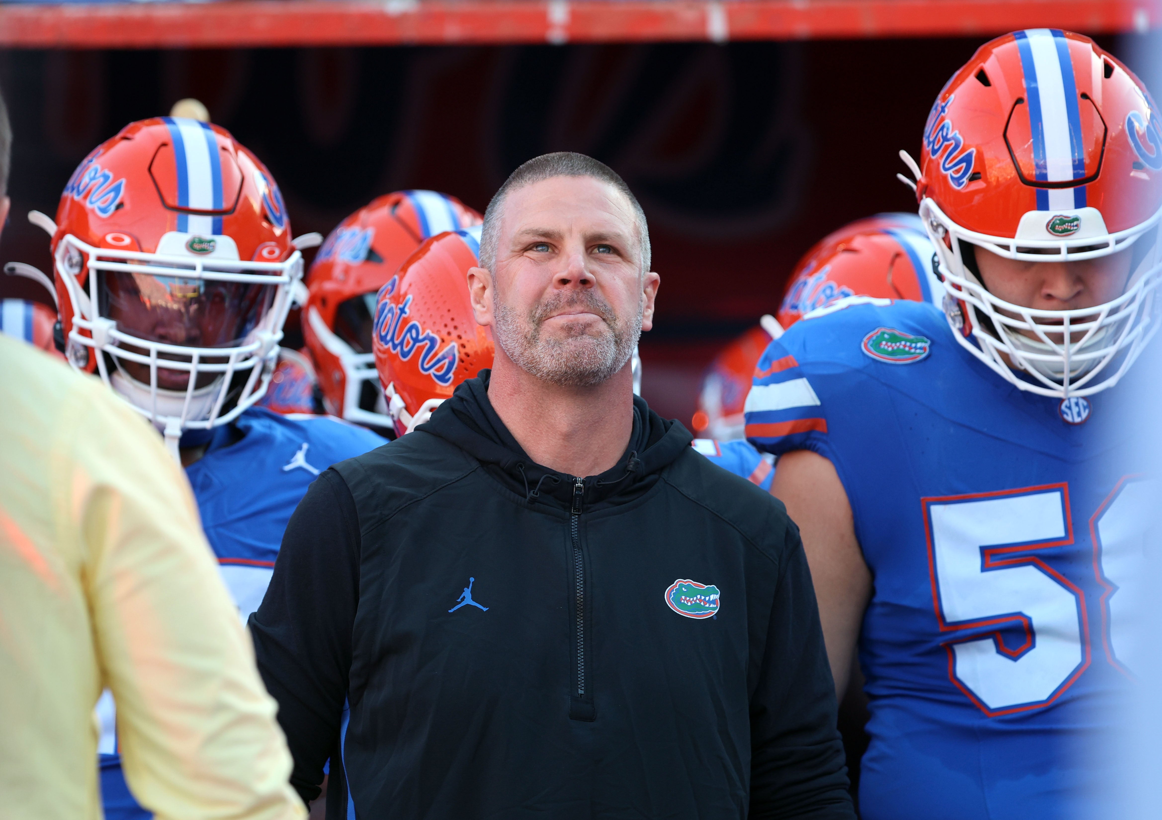 Nov 16, 2024; Gainesville, Florida, USA; Florida Gators head coach Billy Napier prior to the game against the LSU Tigers at Ben Hill Griffin Stadium.