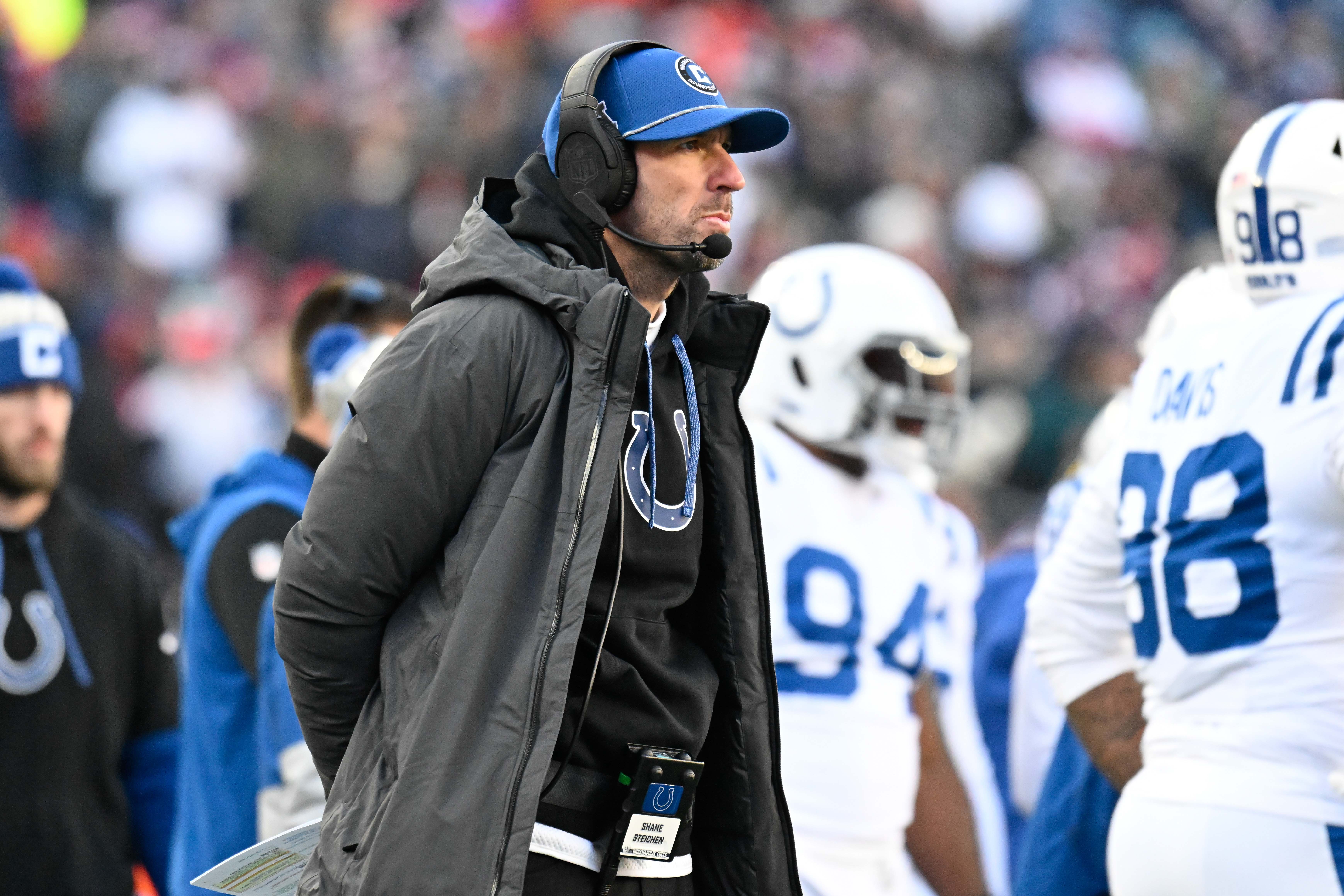 Dec 1, 2024; Foxborough, Massachusetts, USA; Indianapolis Colts head coach Shane Steichen looks on during the first half against the New England Patriots at Gillette Stadium.