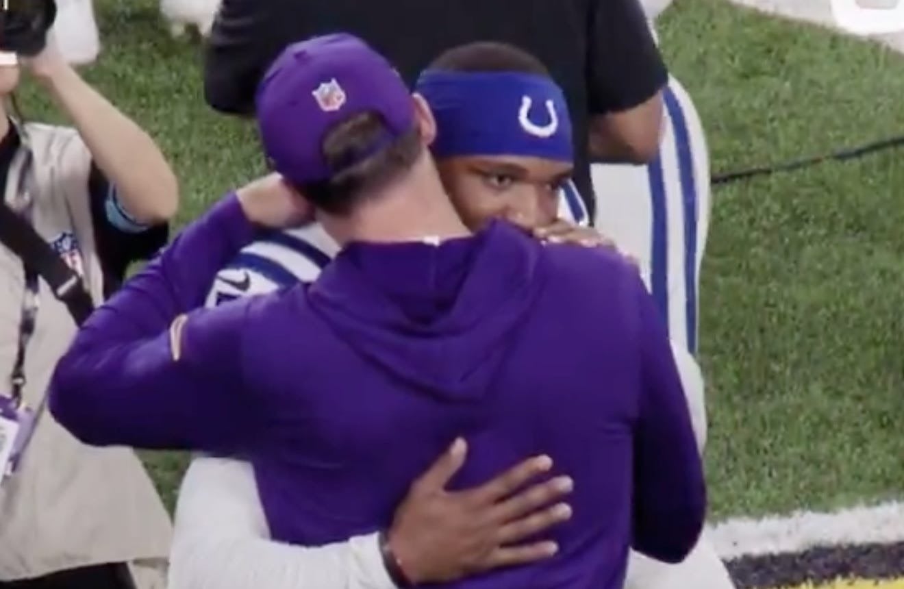 Anthony Richardson and Kevin O'Connell at midfield after the Minnesota Vikings defeated the Indianapolis Colts on Sunday Night Football