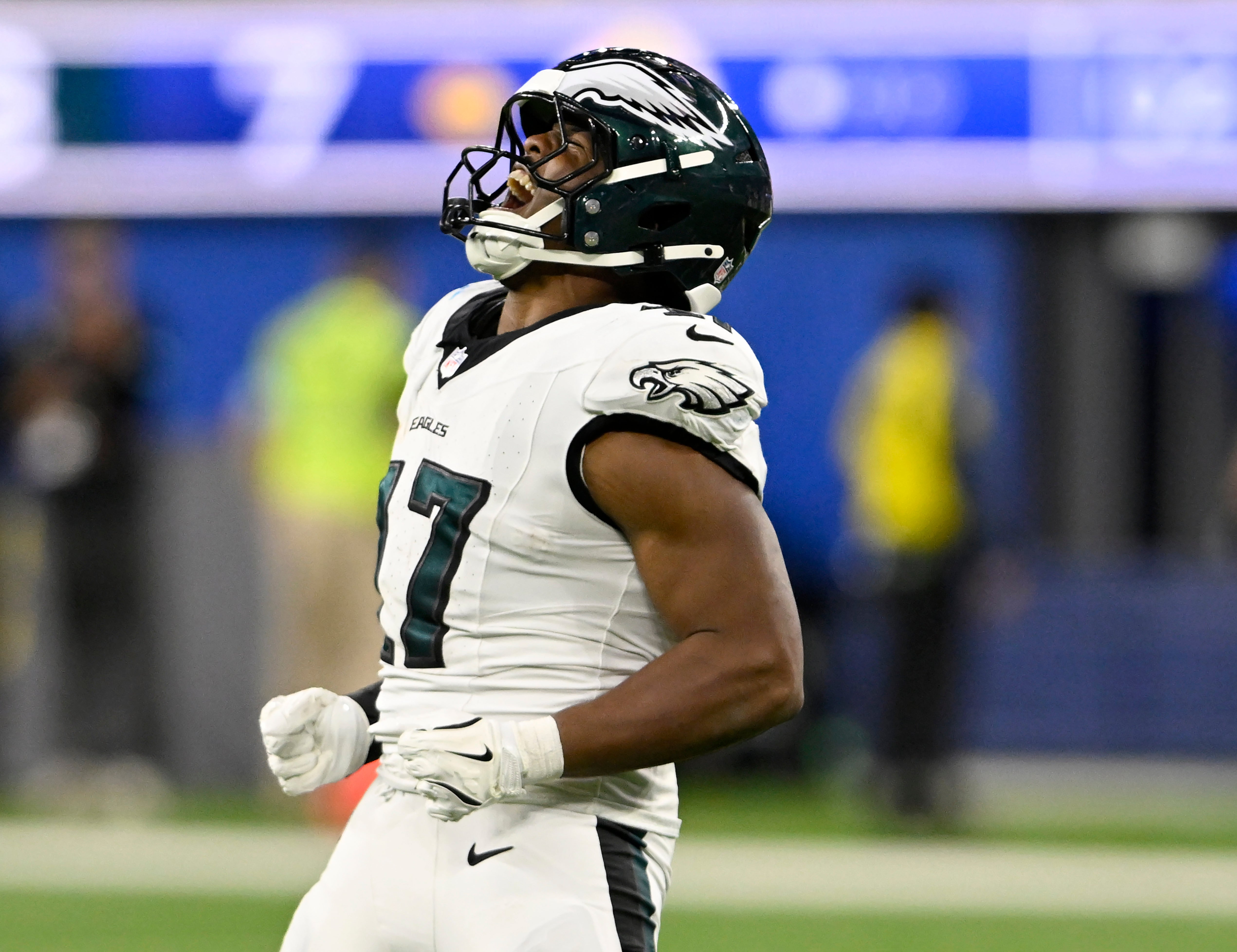 Philadelphia Eagles linebacker Nakobe Dean (17) reacts after sacking Los Angeles Rams quarterback Matthew Stafford (not pictured) during the first half at SoFi Stadium.