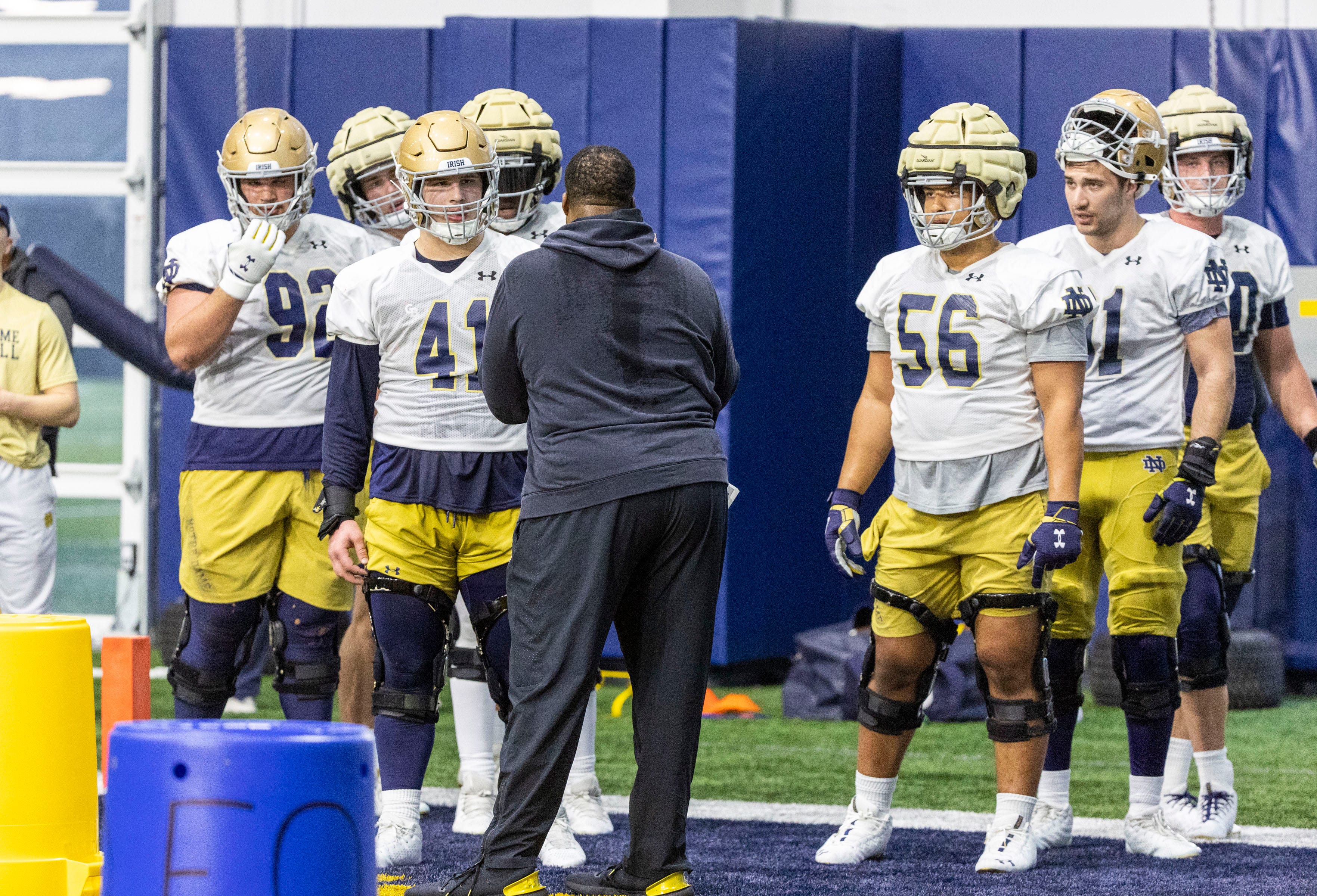 Notre Dame defensive line coach Al Washington coaches up his players during Notre Dame Spring Practice on Wednesday, March 22, 2023, at Irish Athletics Center in South Bend, Indiana. Ncaa Foorball 2023 Notre Dame Spring Practice