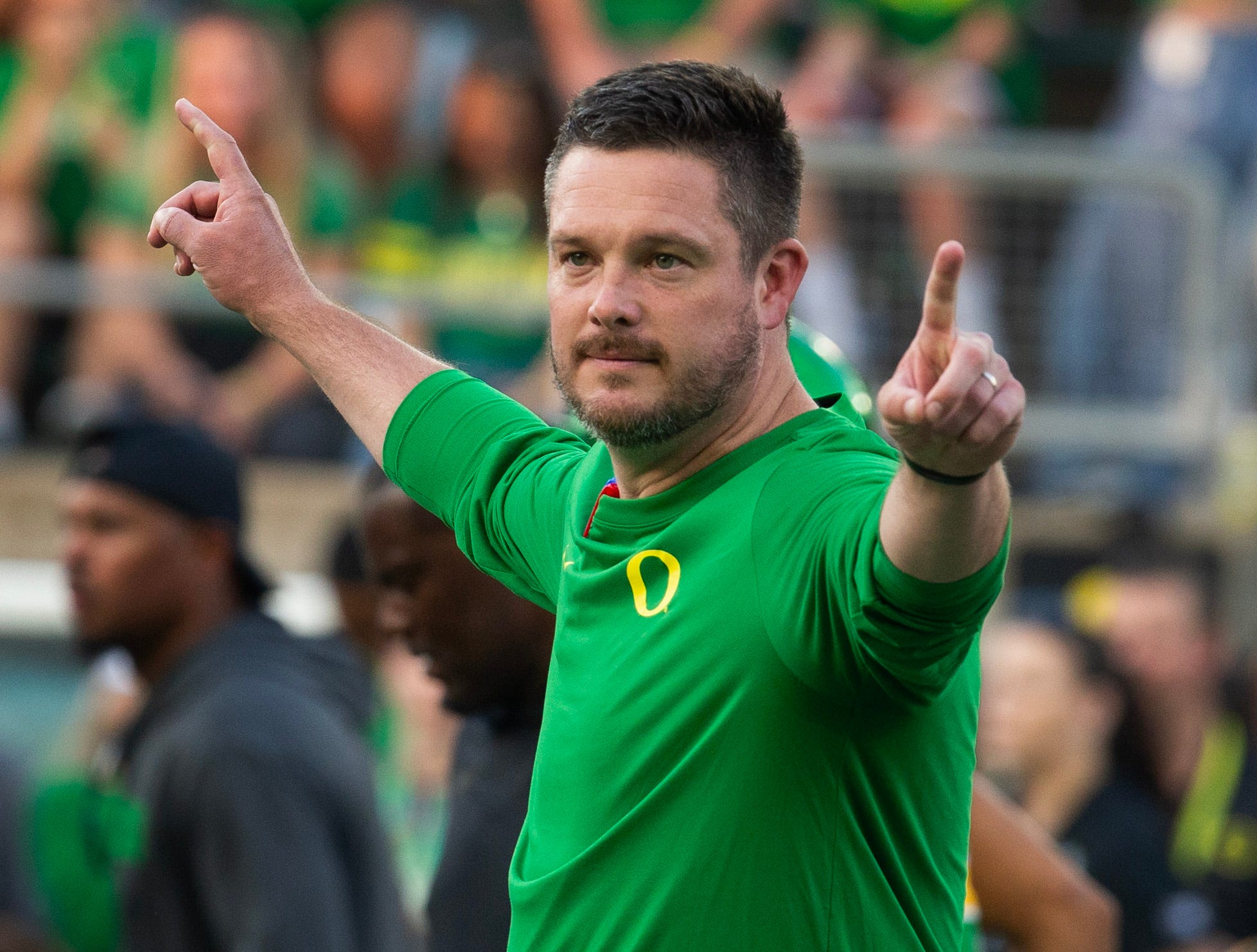 Oregon coach Dan Lanning oversees warmups before the game against Boise State at Autzen in Eugene Sept. 7, 2024