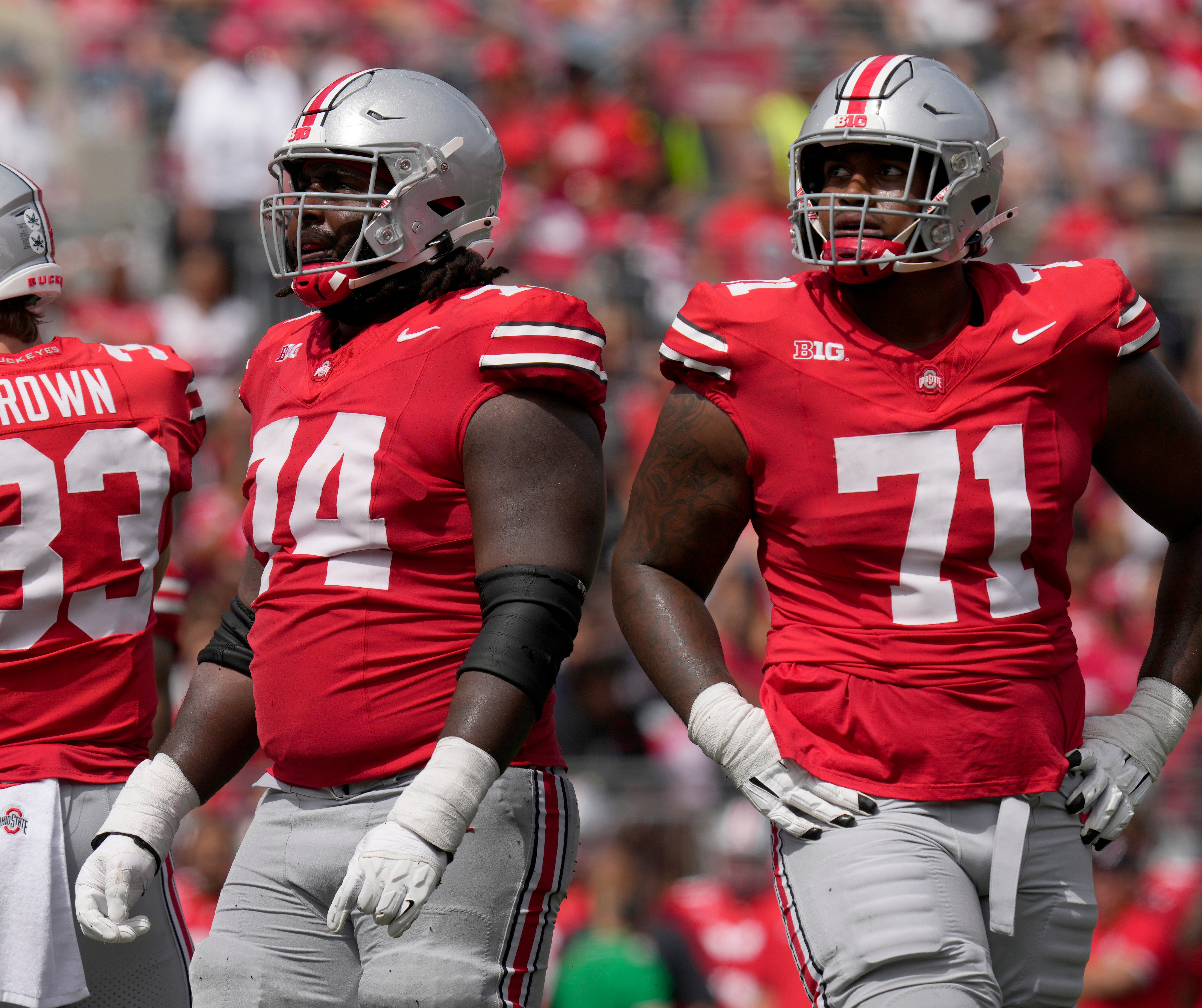 Sept. 9, 2023; Columbus, Oh., USA; Ohio State Buckeyes offensive lineman Donovan Jackson (74) and Ohio State Buckeyes offensive lineman Josh Simmons (71) play during the first half of Saturday's NCAA Division I football game at Ohio Stadium.