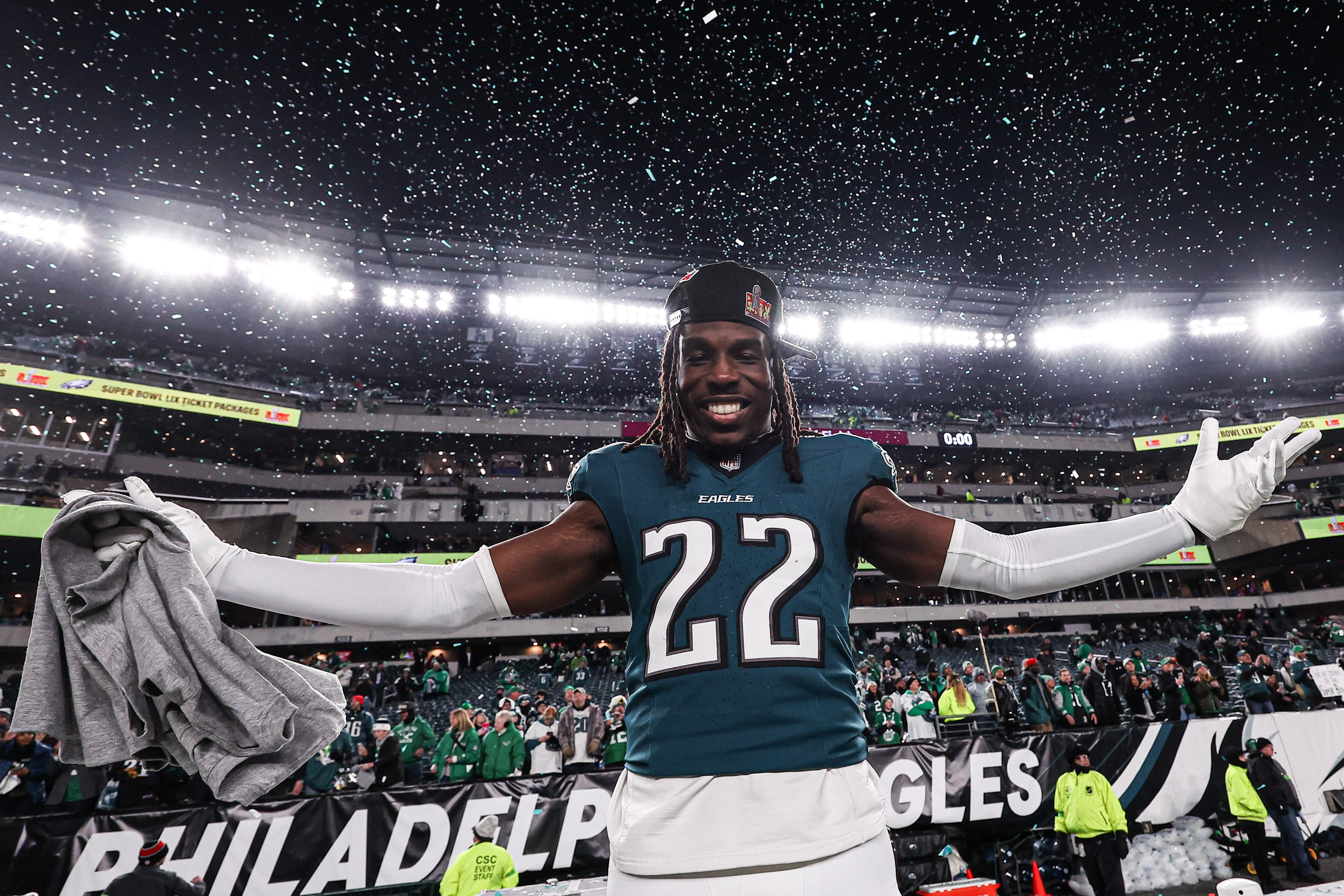 Philadelphia Eagles cornerback Kelee Ringo (22) celebrates after a victory in the NFC Championship game against the Washington Commanders at Lincoln Financial Field.