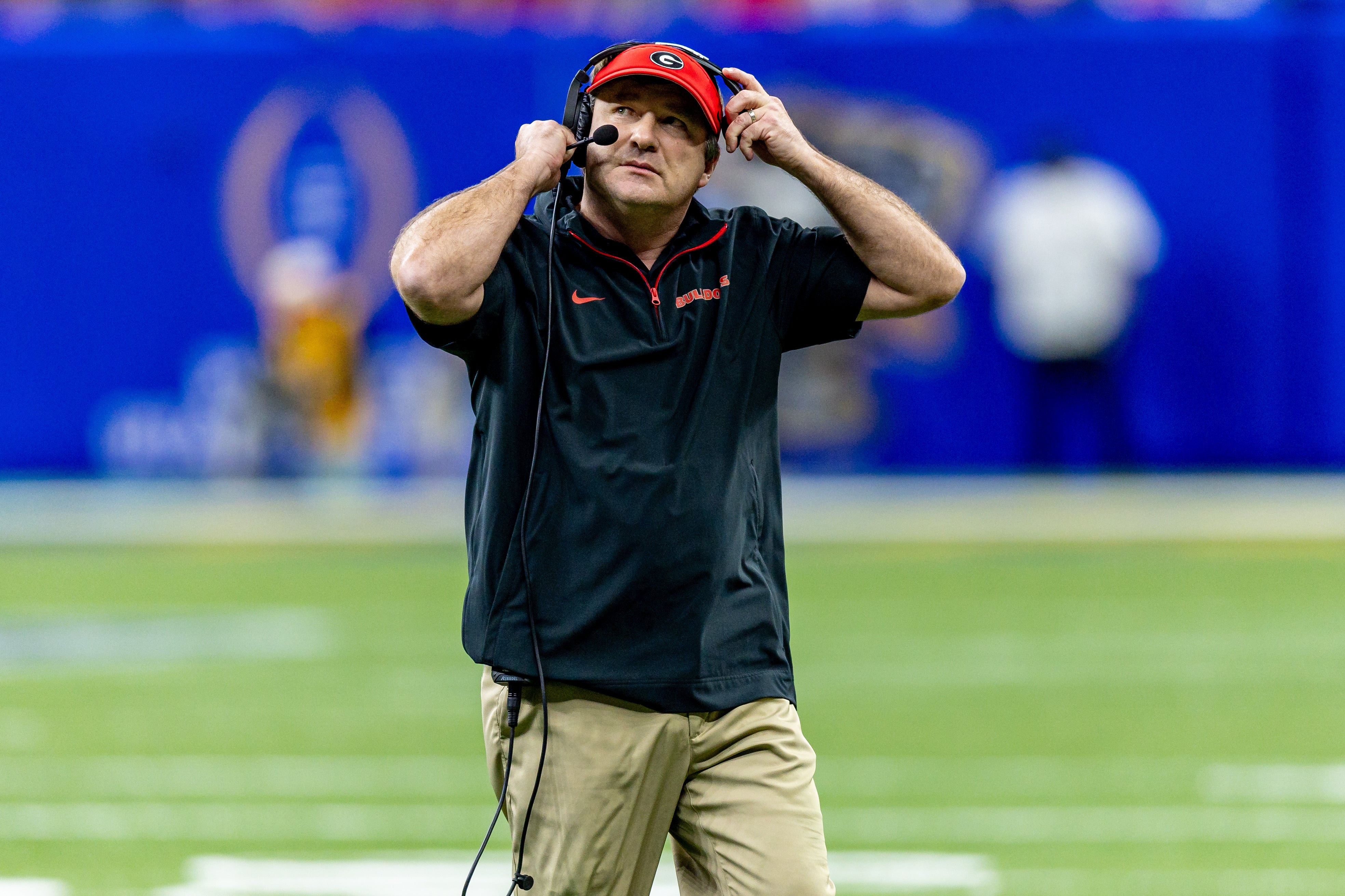 Georgia Bulldogs head coach Kirby Smart looks on against the Notre Dame Fighting Irish during the first half at Caesars Superdome.