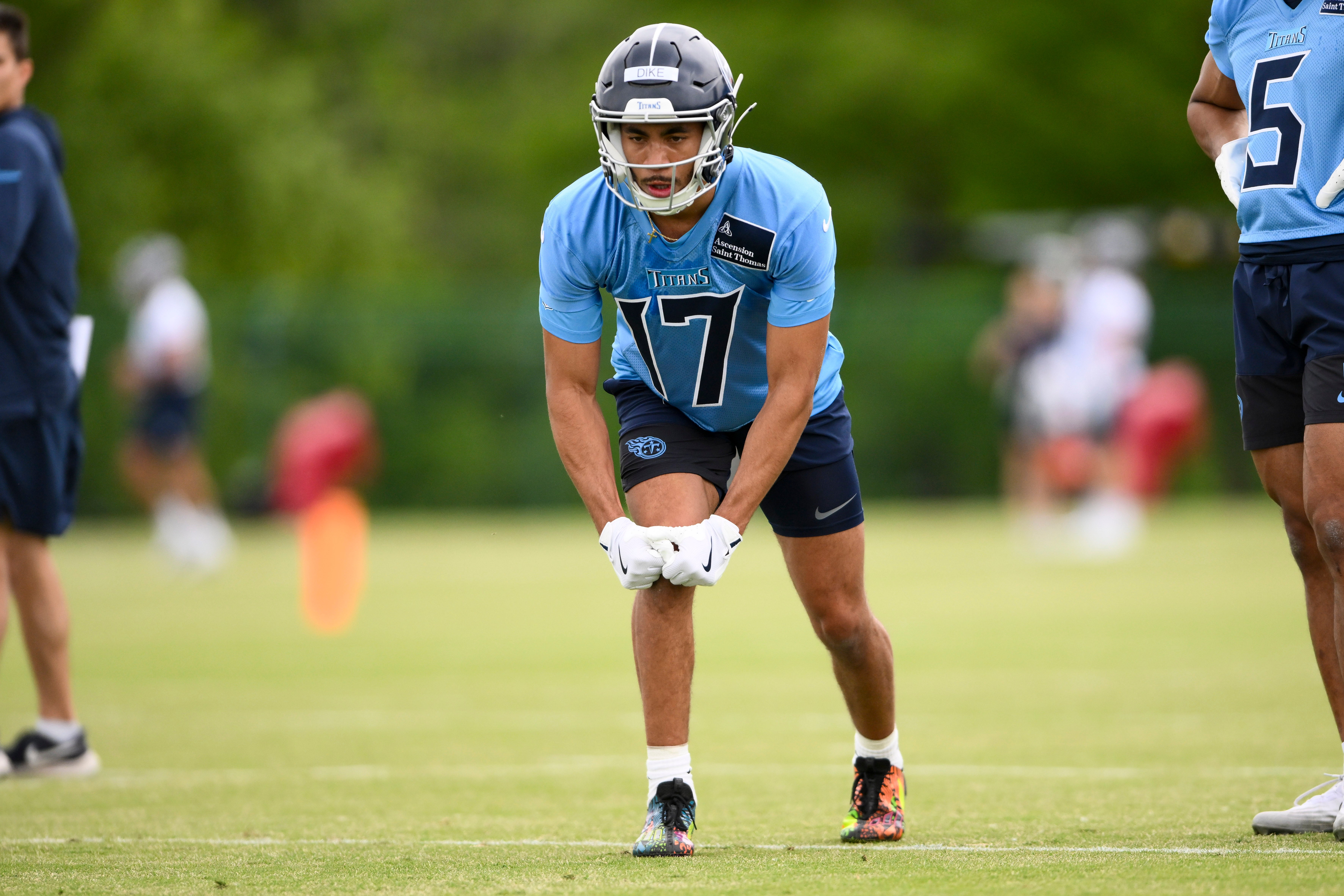 May 10, 2025; Nashville, TN, USA; Tennessee Titans wide receiver Chimere Dike (17) goes through drills during Rookie Mini Camp at Saint Thomas Sports Park. Mandatory Credit: Steve Roberts-Imagn Images
