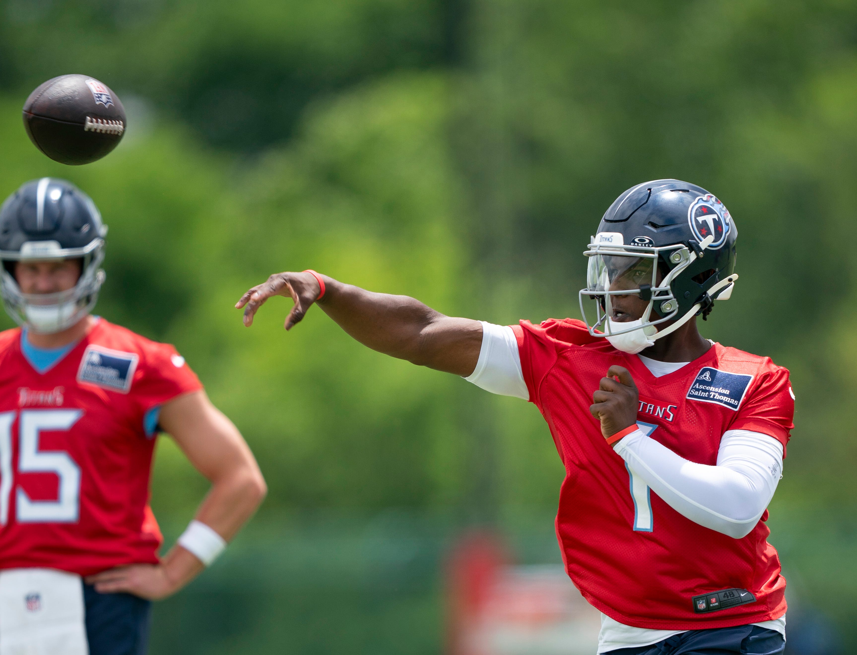 Tennessee Titans quarterback Cam Ward (1) throws in drills during OTAs at Ascension Saint Thomas Sports Park in Nashville, Tenn., Wednesday, May 28, 2025.