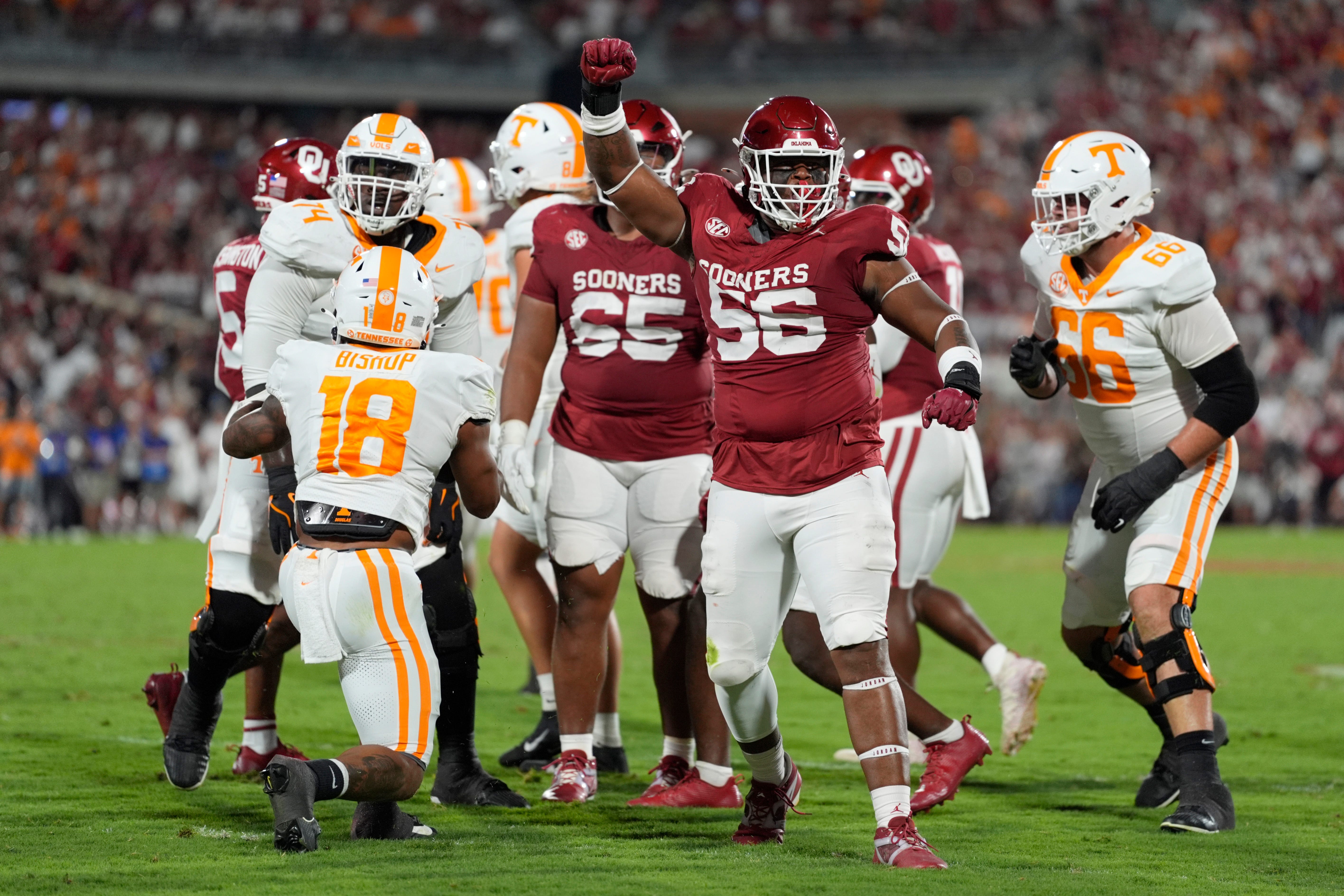 Oklahoma Sooners defensive lineman Gracen Halton (56) celebrates during a college football game between the University of Oklahoma Sooners (OU) and the Tennessee Volunteers at Gaylord Family - Oklahoma Memorial Stadium in Norman, Okla., Saturday, Sept. 21, 2024.