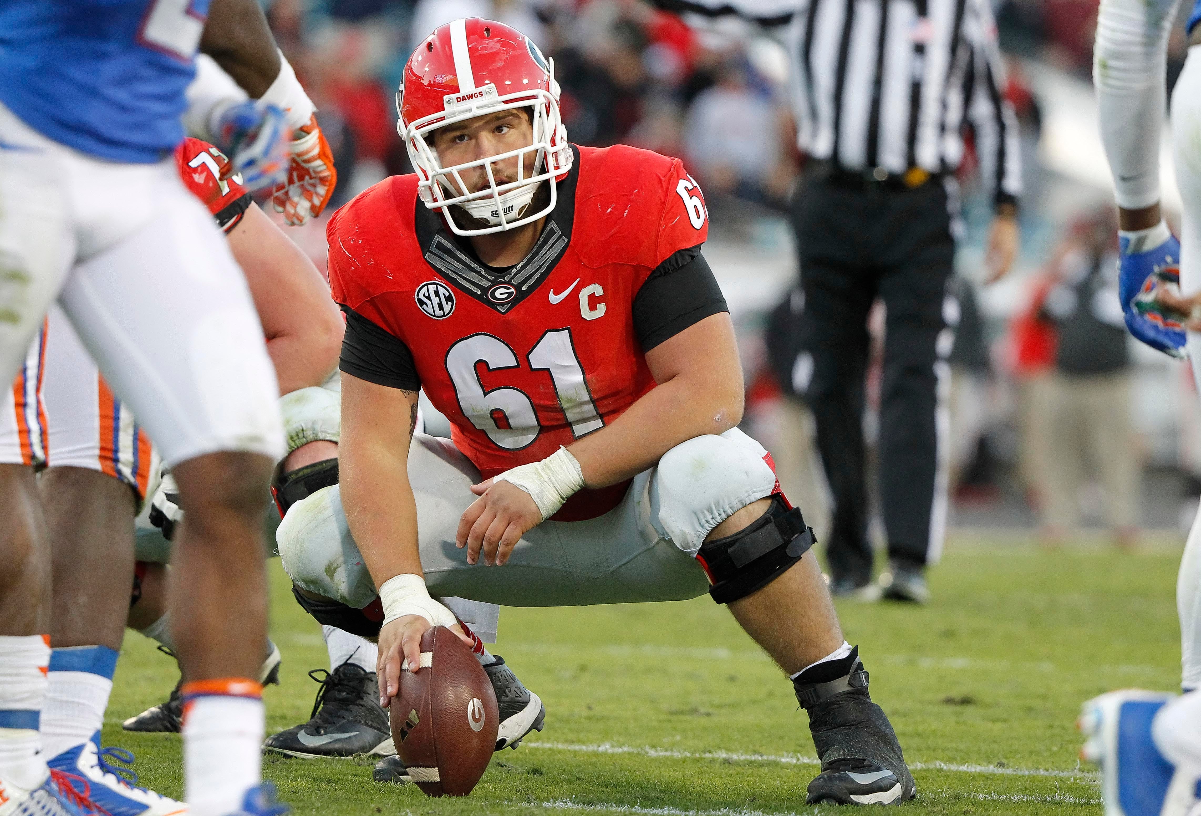 Georgia Bulldogs center David Andrews (61) during the second half against the Florida Gators at EverBank Field. Florida Gators defeated the Georgia Bulldogs 38-20.