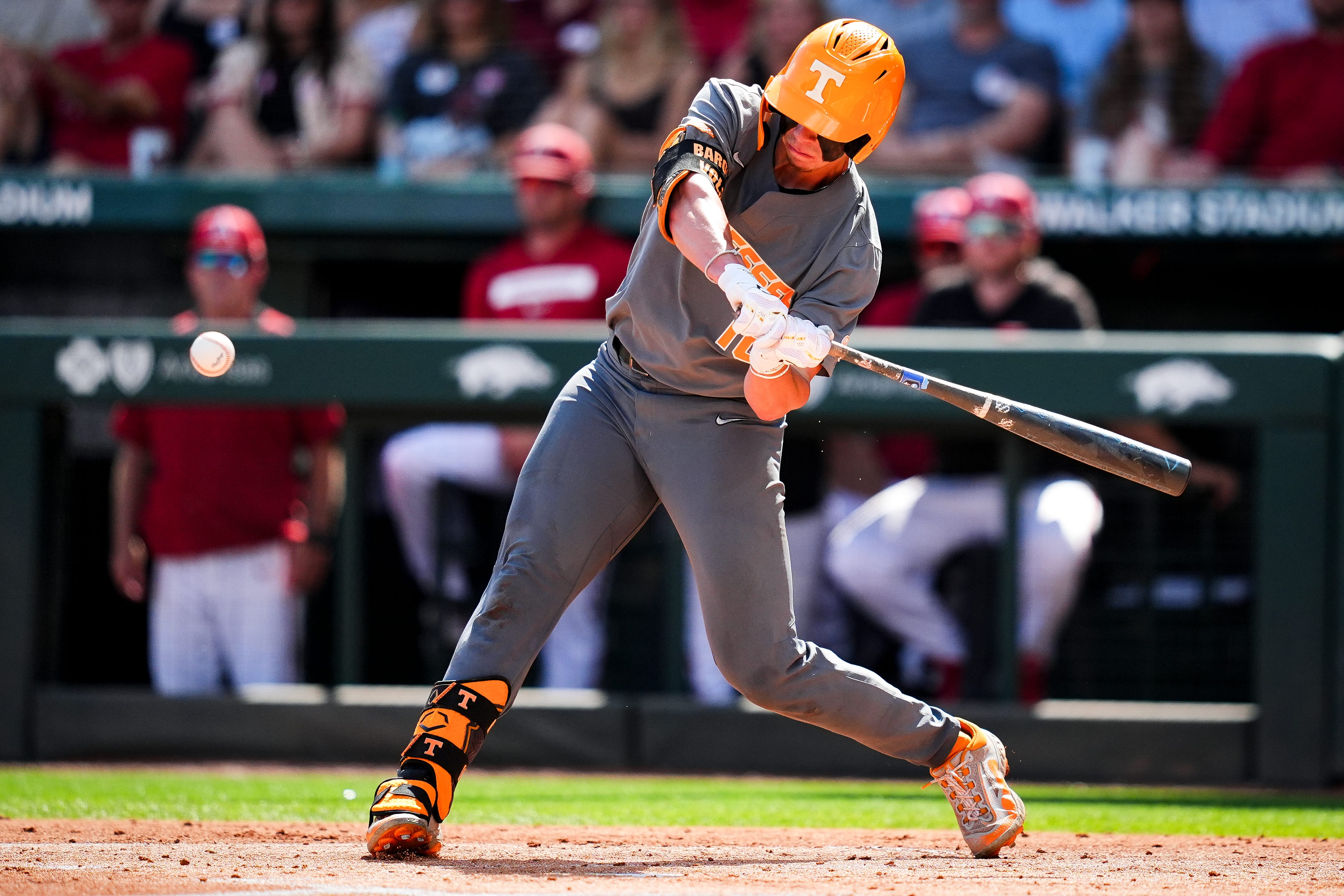 Tennessee's Dalton Bargo (16) swings at a pitch during game one of the NCAA baseball tournament Fayetteville Super Regional between Tennessee and Arkansas held at Baum-Walker Stadium on Saturday, June 7, 2025.