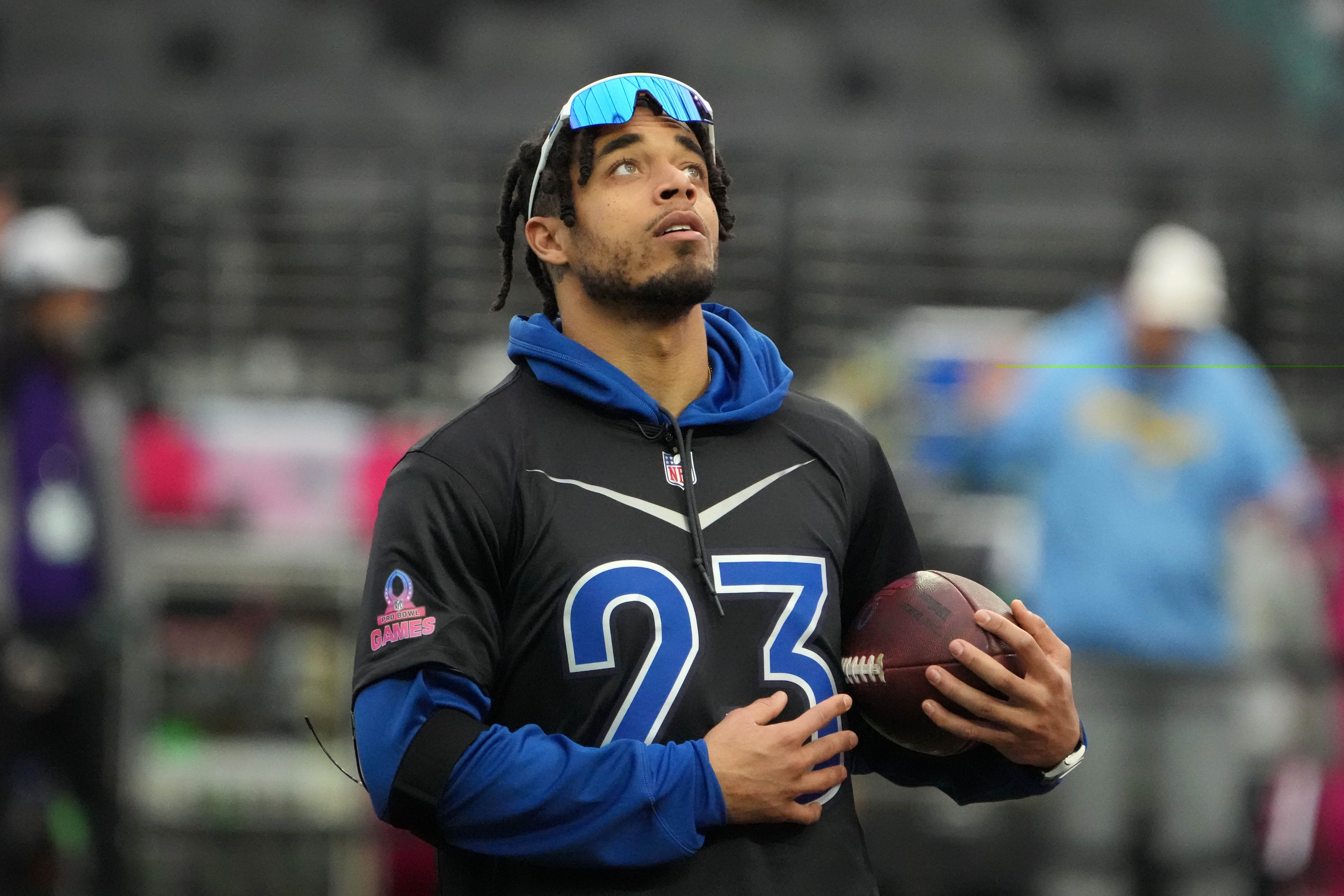 NFC cornerback Jaire Alexander of the Green Bay Packers (23) during practice at Allegiant Stadium.
