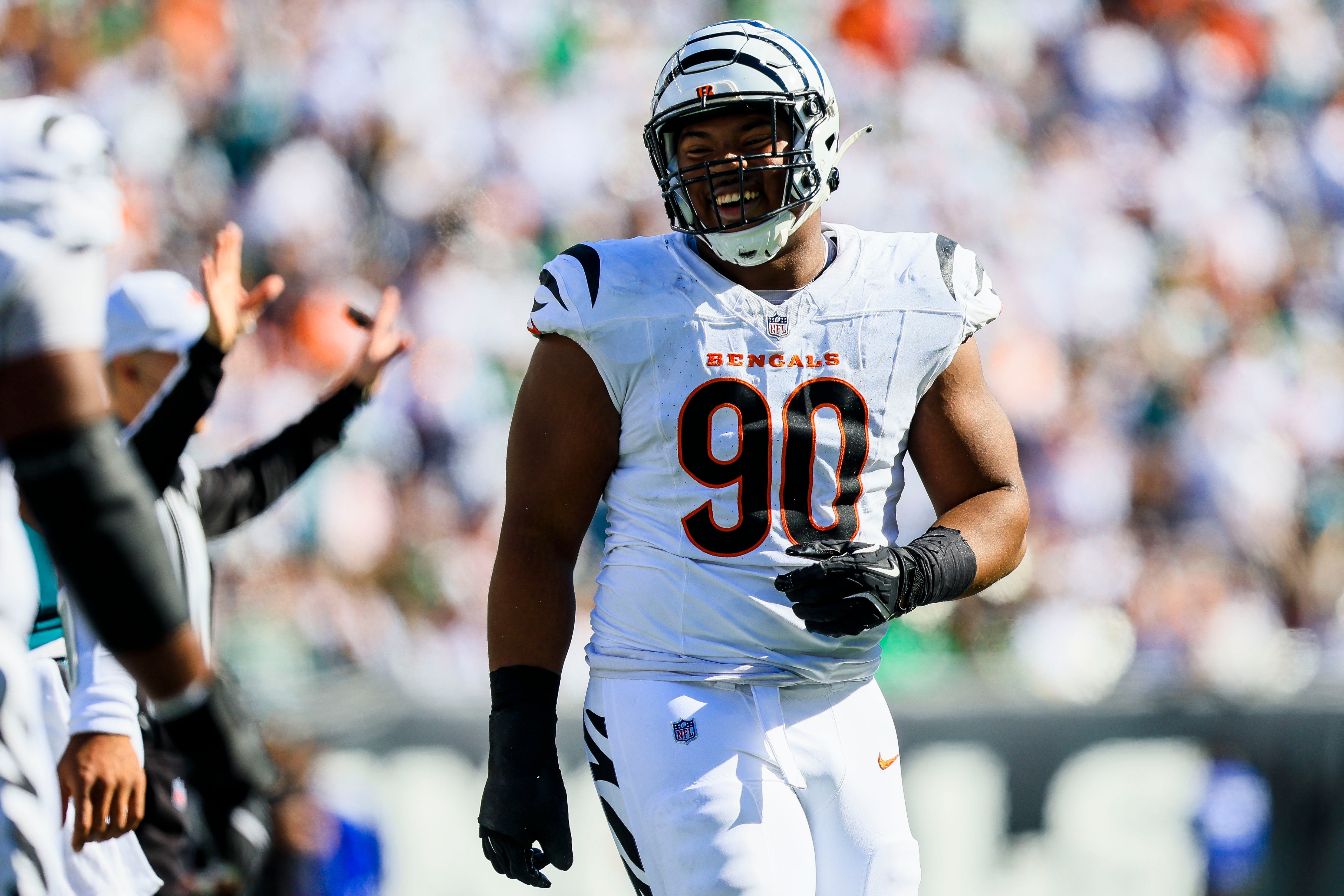 Oct 27, 2024; Cincinnati, Ohio, USA; Cincinnati Bengals defensive tackle Kris Jenkins Jr. (90) reacts after a play in the first half against the Philadelphia Eagles at Paycor Stadium.