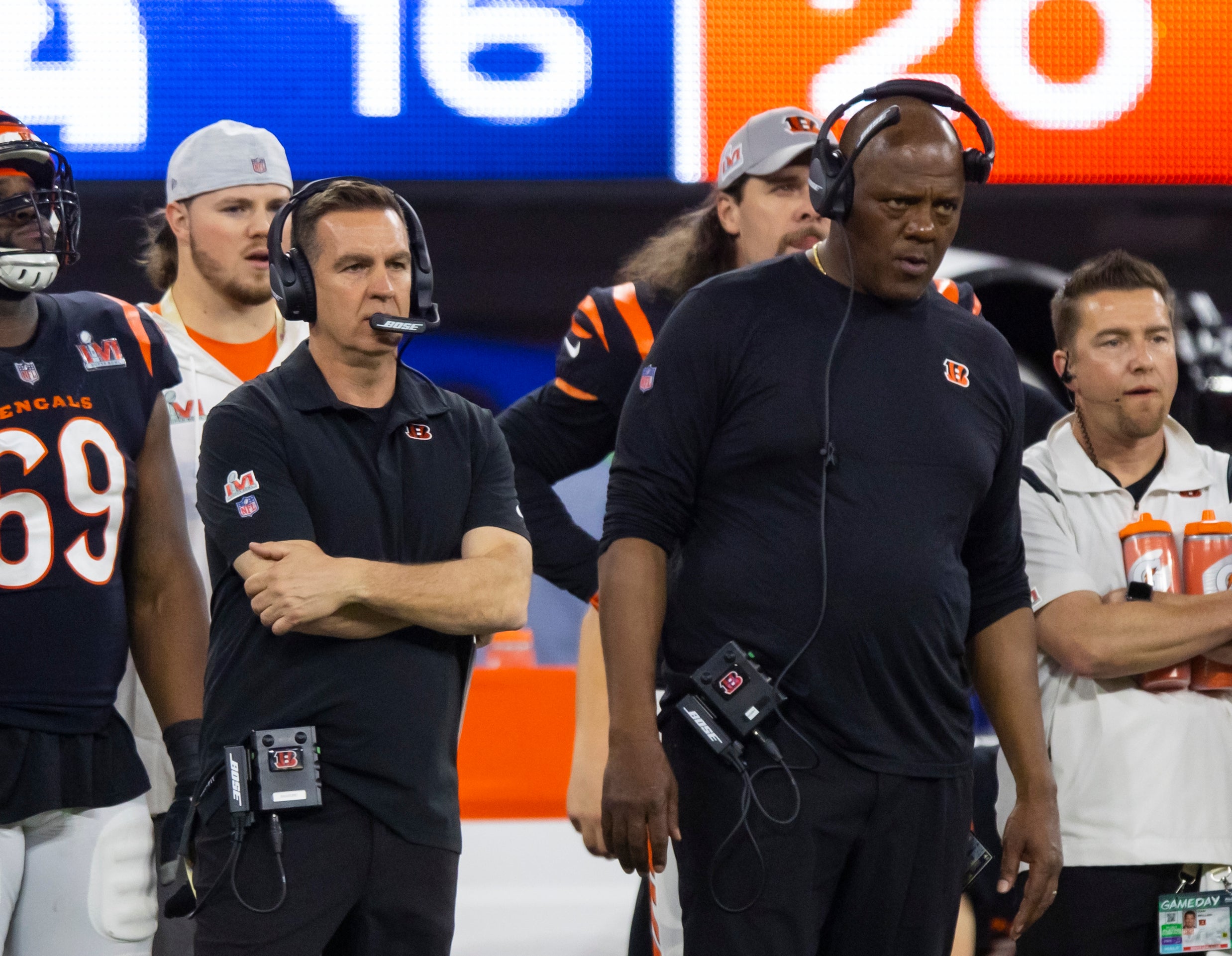 Feb 13, 2022; Inglewood, CA, USA; Cincinnati Bengals defensive coordinator Lou Anarumo (left) with defensive line coach Marion Hobby against the Los Angeles Rams in Super Bowl LVI at SoFi Stadium.