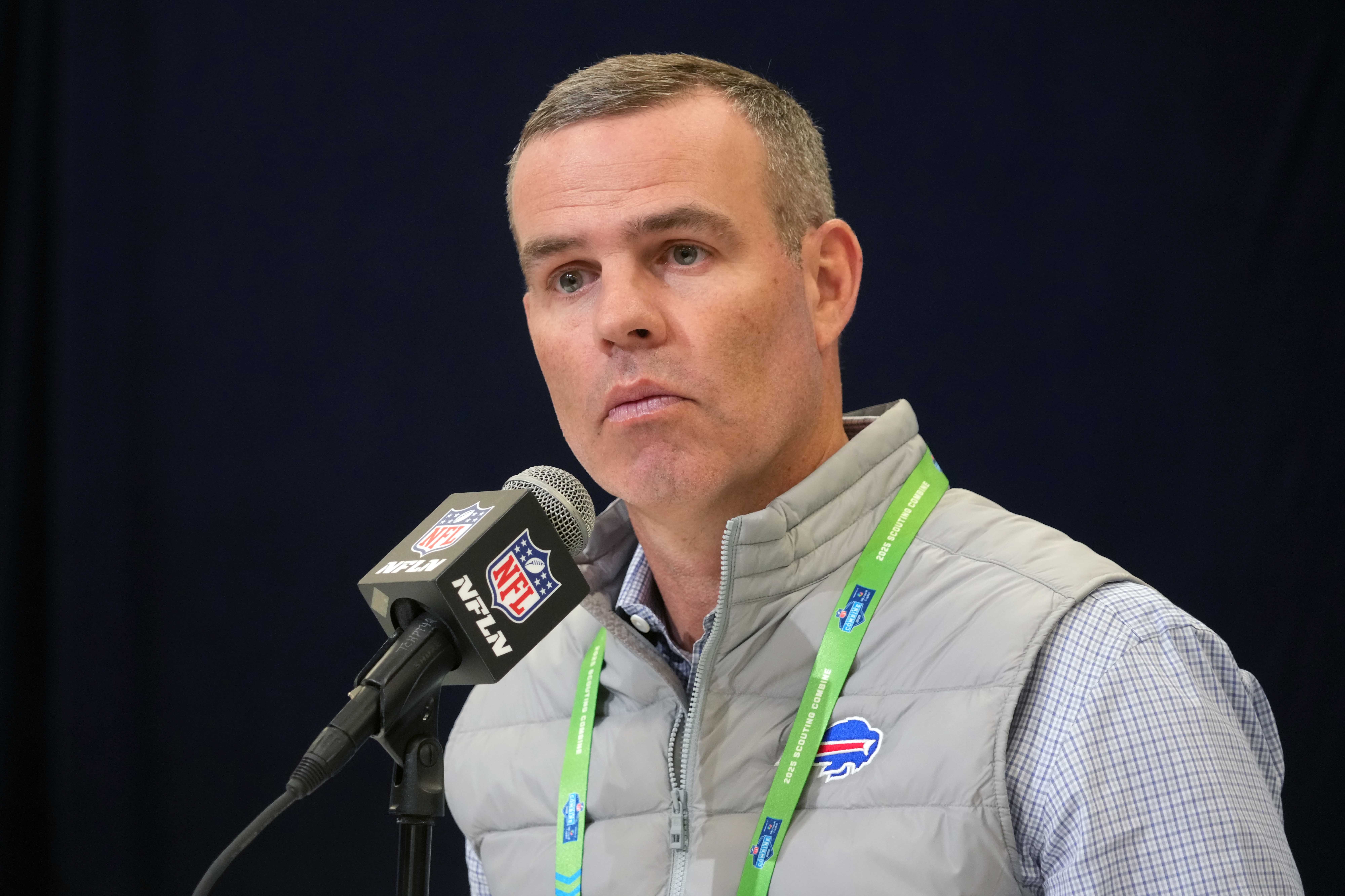 Feb 25, 2025; Indianapolis, IN, USA; Buffalo Bills general manager Brandon Beane speaks during the NFL Scouting Combine at the Indiana Convention Center.