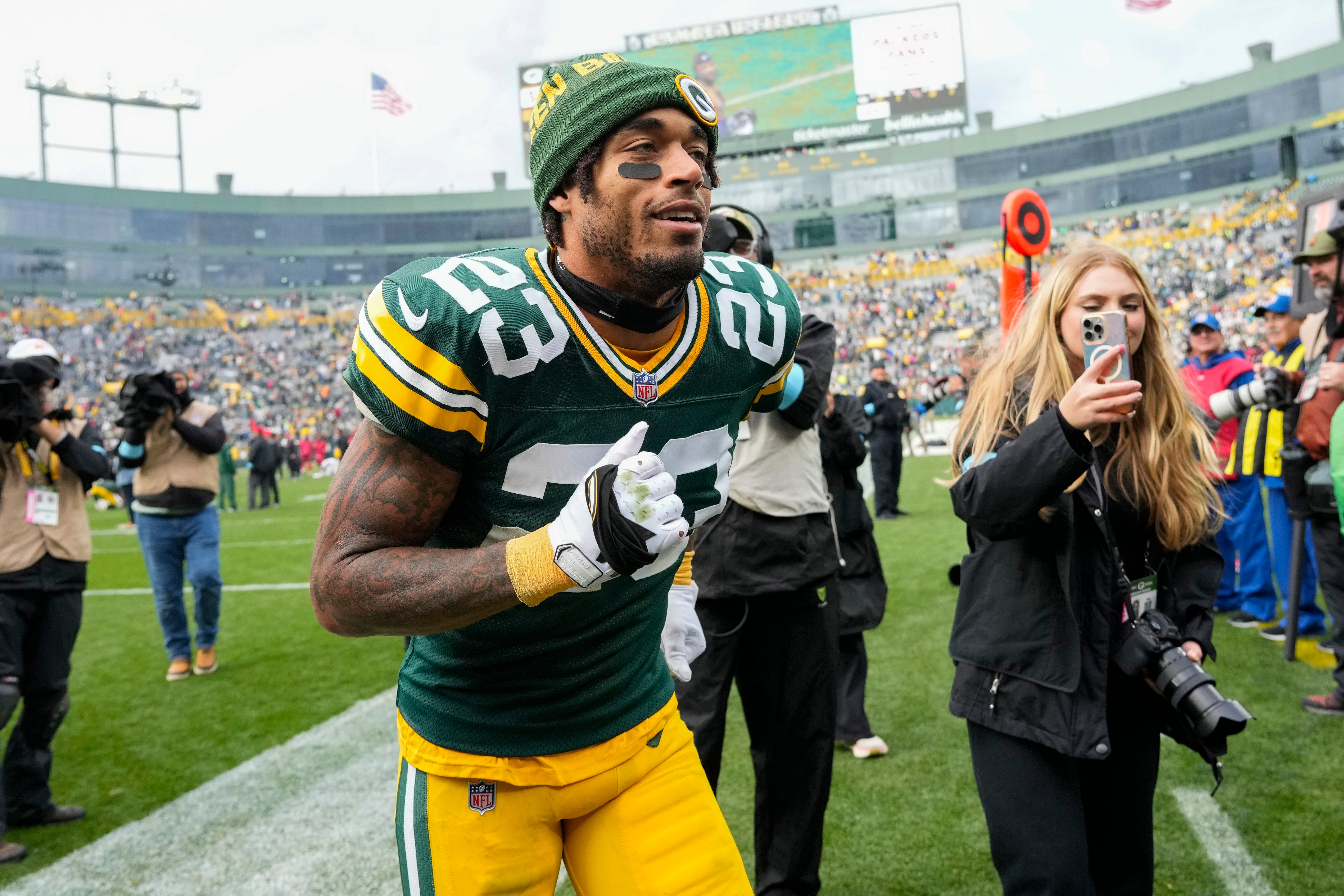 Jaire Alexander (23) following the game against the Arizona Cardinals at Lambeau Field.