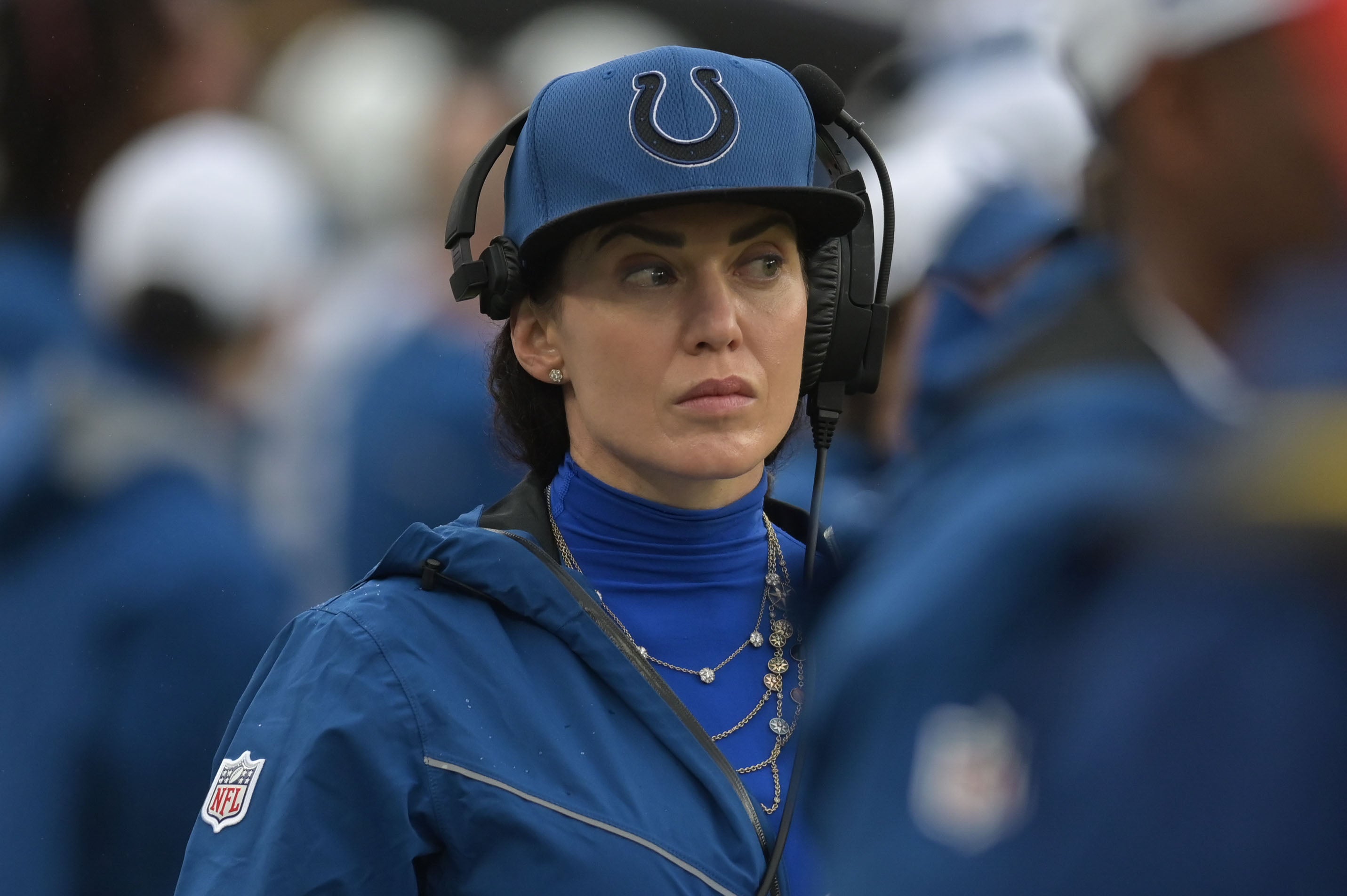Sep 24, 2023; Baltimore, Maryland, USA; Indianapolis Colts vice chair and co-owner Carlie Irsay stands on the sidelines during the game against the Baltimore Ravens at M&T Bank Stadium.