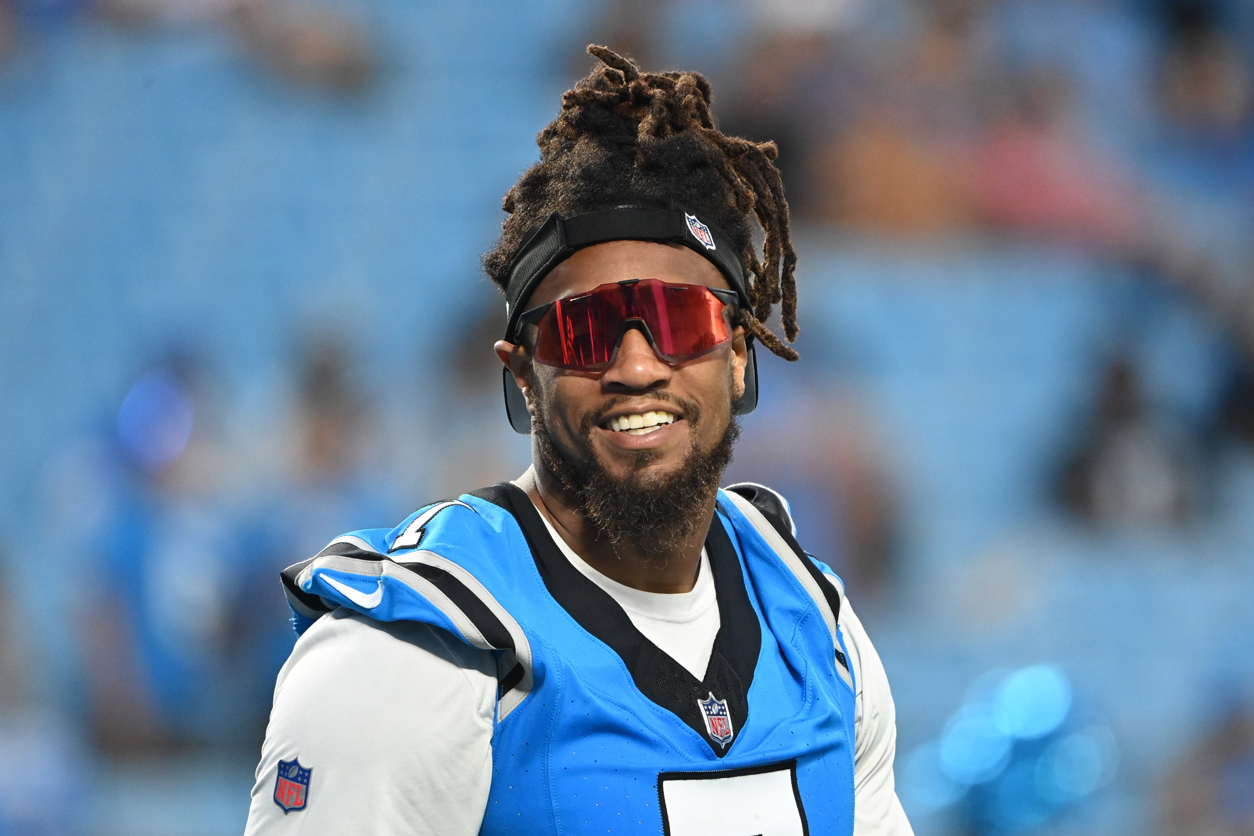 Aug 25, 2023; Charlotte, North Carolina, USA; Carolina Panthers linebacker Shaq Thompson (7) on to the field before the game at Bank of America Stadium.