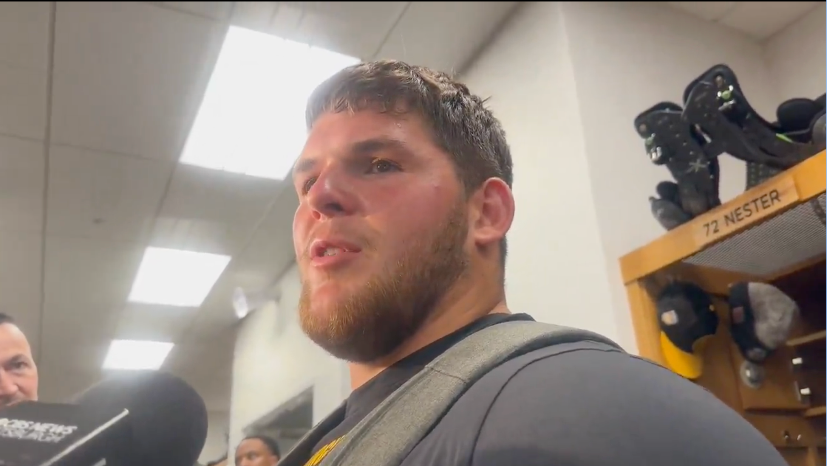 Pittsburgh Steelers center Zach Frazier addresses the media at mandatory minicamp, 6/10/25.