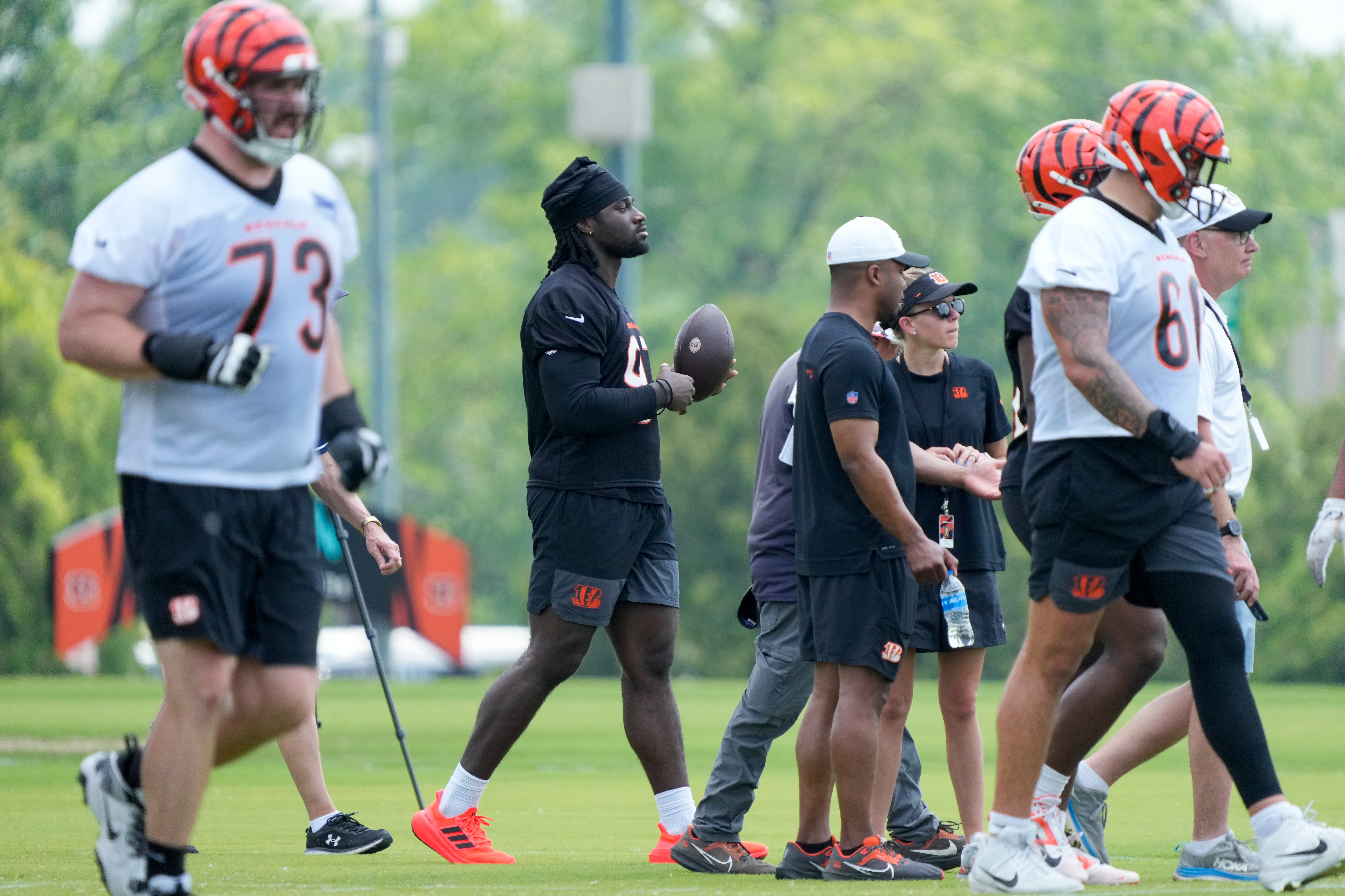 Cincinnati Bengals defensive end Shemar Stewart (97) walks the sideline during a session of organized team activities on the Bengals practice field at Paycor Stadium in downtown Cincinnati on Tuesday, June 3, 2025.  