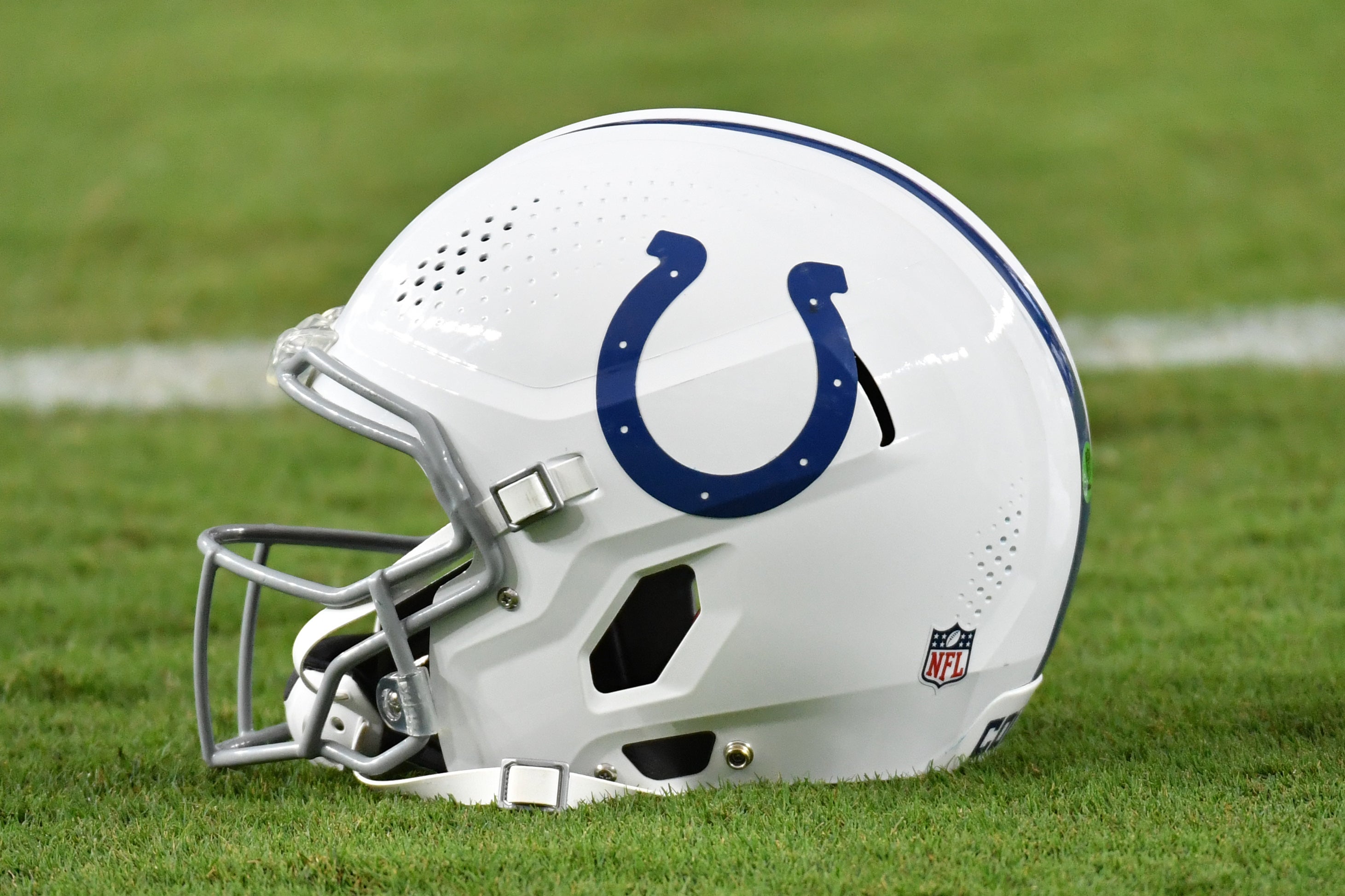 Aug 24, 2023; Philadelphia, Pennsylvania, USA; Indianapolis Colts helmet on the field against the Philadelphia Eagles at Lincoln Financial Field.