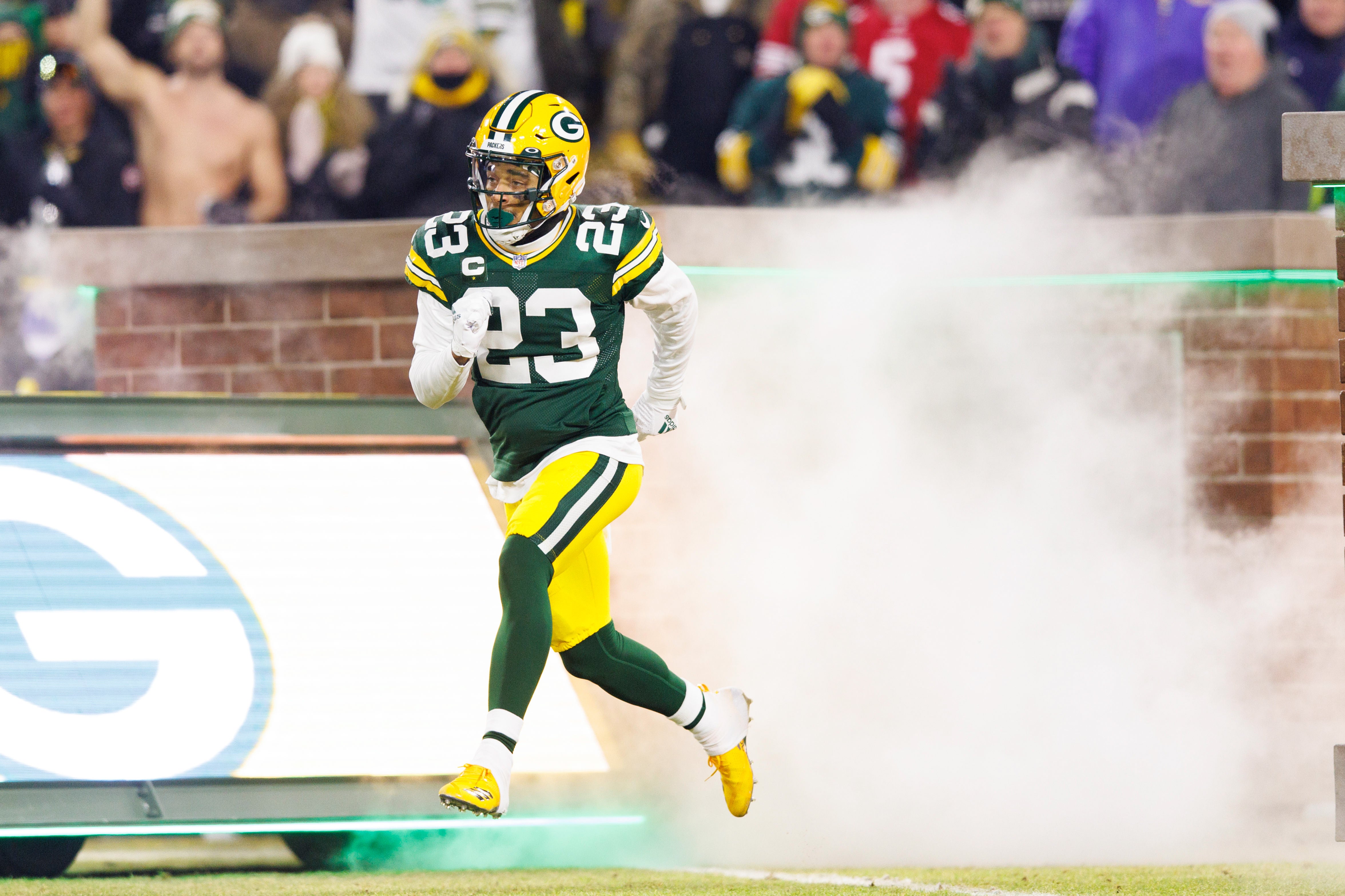 Green Bay Packers cornerback Jaire Alexander (23) prior to a NFC Divisional playoff football game against the San Francisco 49ers at Lambeau Field.