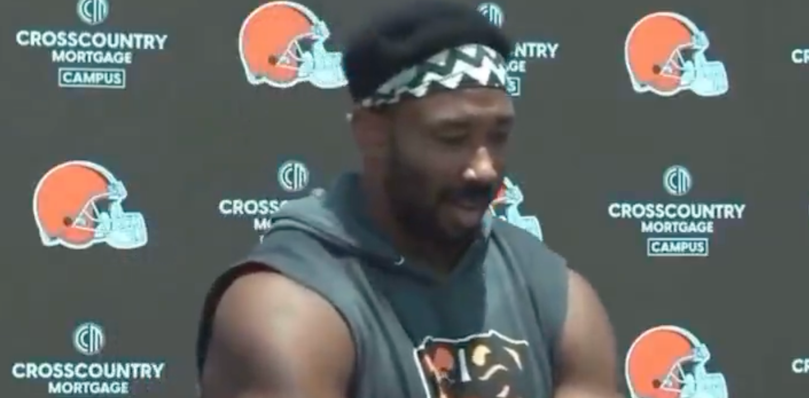 Cleveland Browns EDGE Myles Garrett addresses the media at mandatory minicamp, 6/10/25.