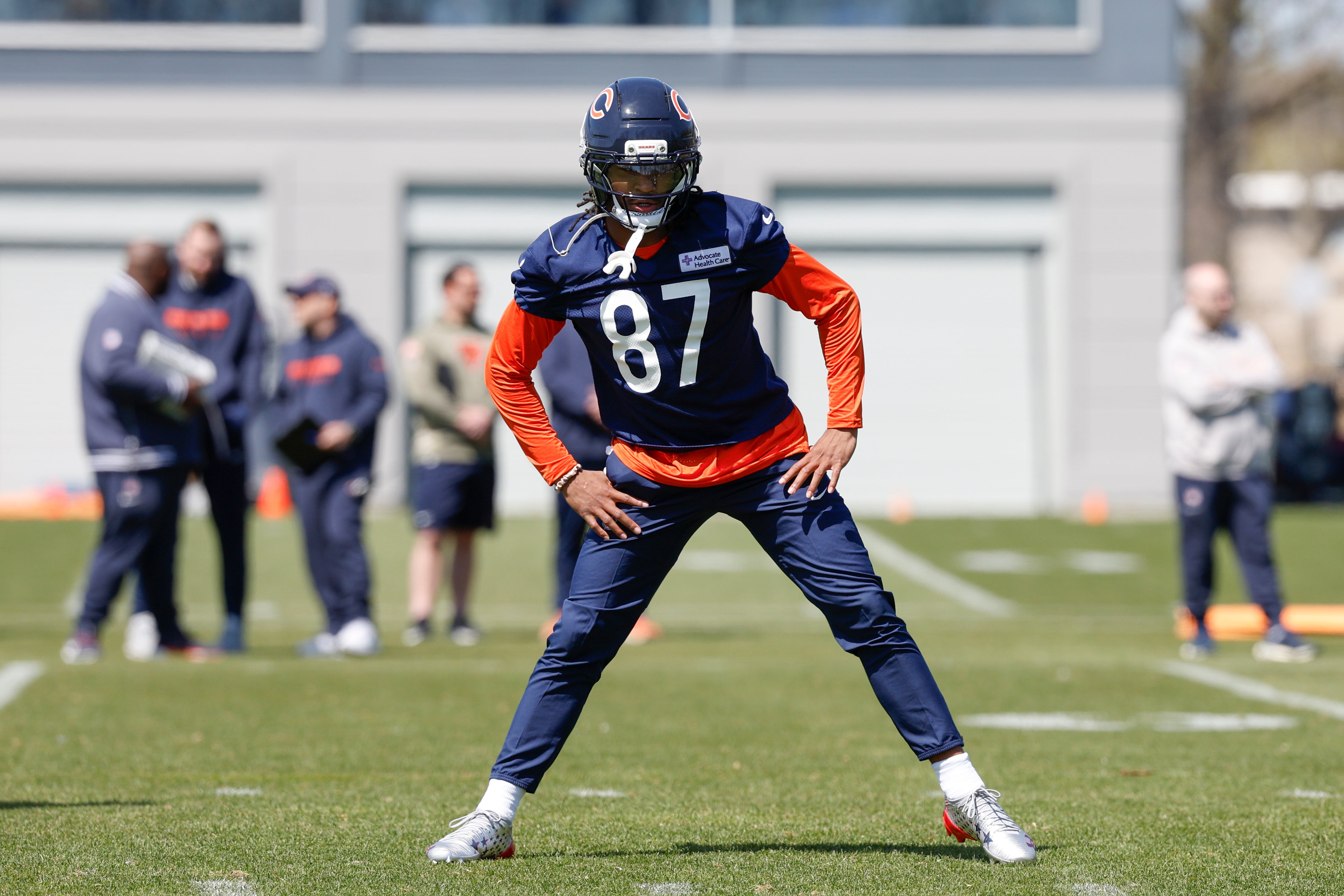 May 9, 2025; Lake Forest, IL, USA; Chicago Bears wide receiver Luther Burden III warms up during the Rookie Minicamp at Halas Hall.