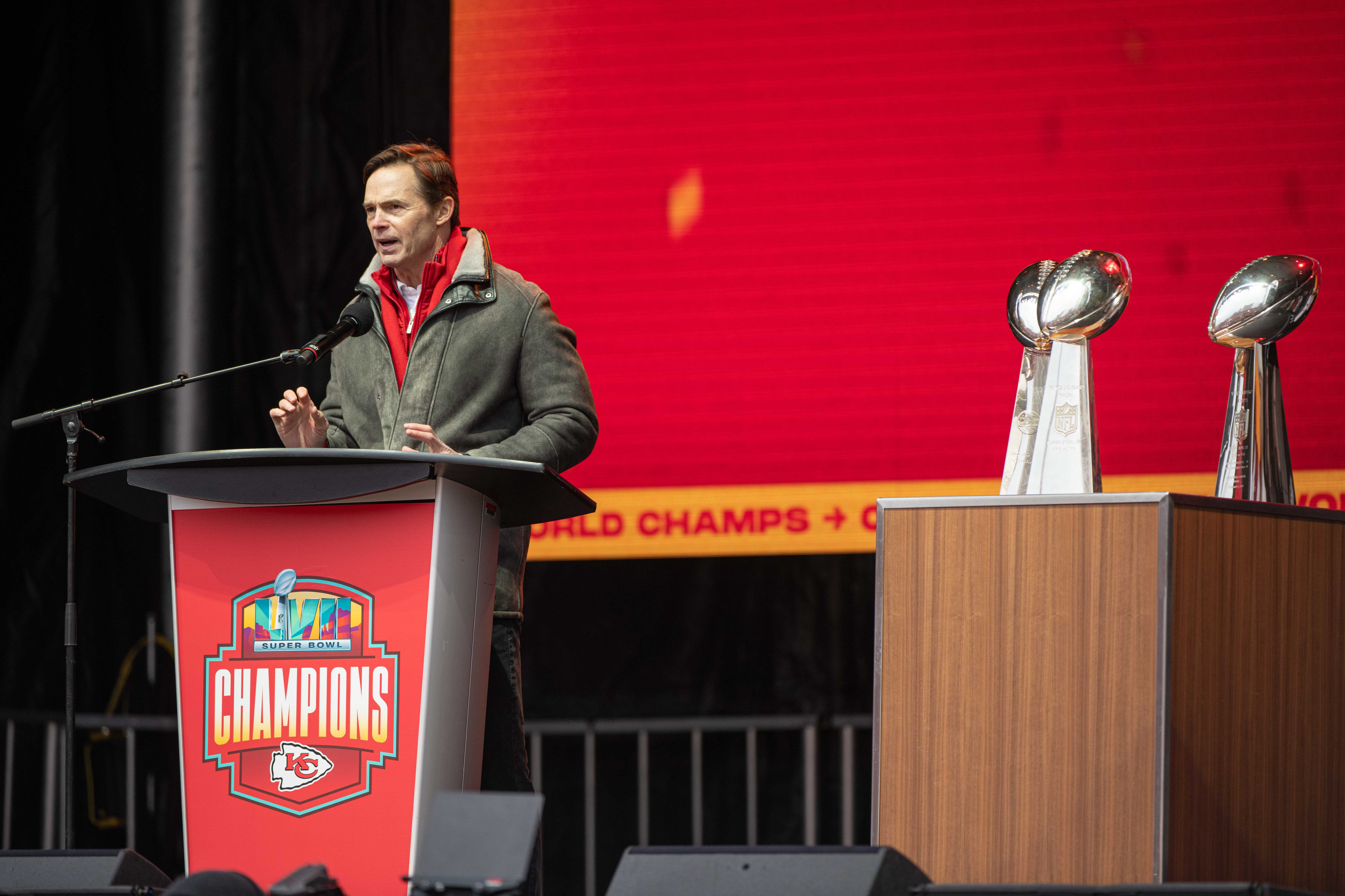 Feb 15, 2023; Kansas City, MO, USA; Kansas City Chiefs president Mark Donovan speaks at the Super Bowl LVII Champions Parade in downtown Kansas City, Mo.